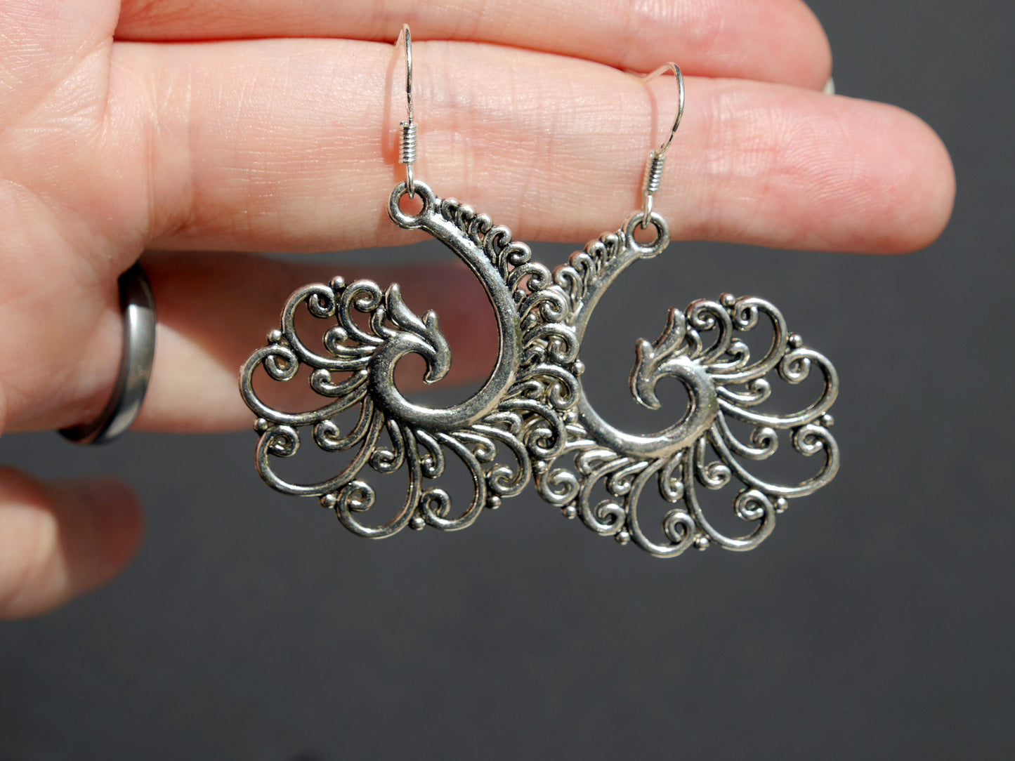Silver Toned Swirling Filigree Statement Dangle Drop Earrings