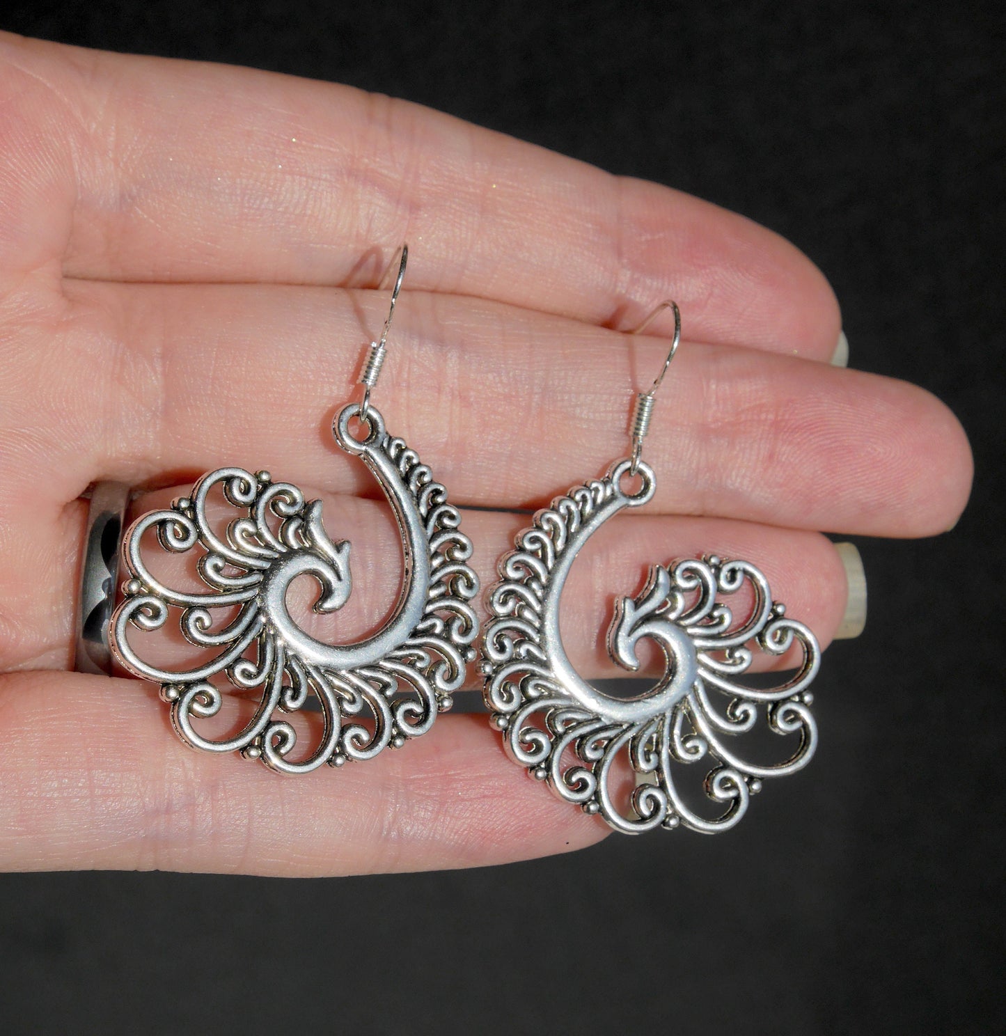 Silver Toned Swirling Filigree Statement Dangle Drop Earrings