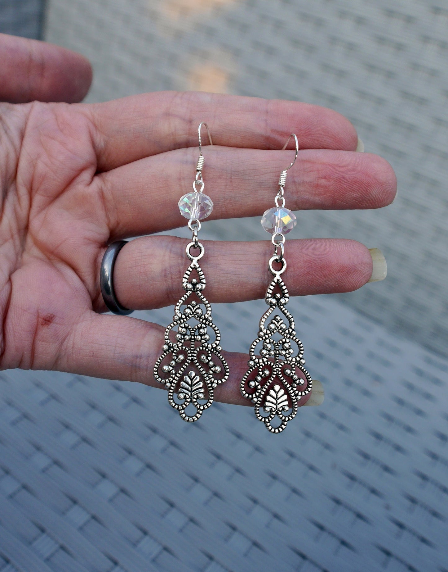 Silver Toned Filigree Dangle Earrings (Ear Hook, Stud and Clip On)
