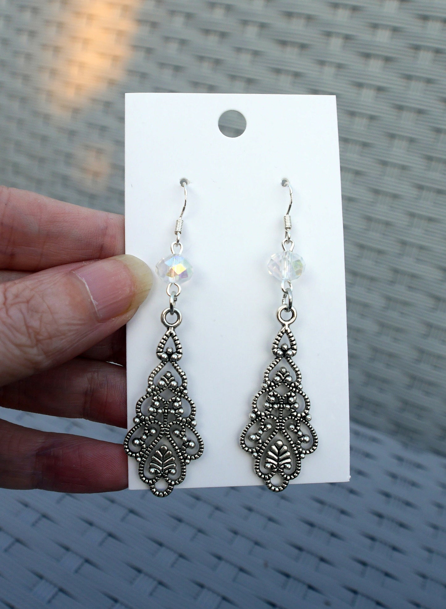 Silver Toned Filigree Dangle Earrings (Ear Hook, Stud and Clip On)