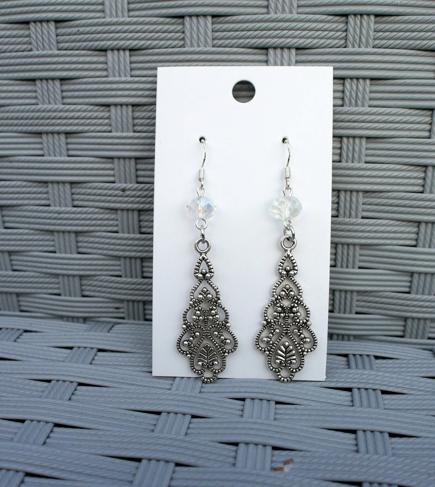 Silver Toned Filigree Dangle Earrings (Ear Hook, Stud and Clip On)