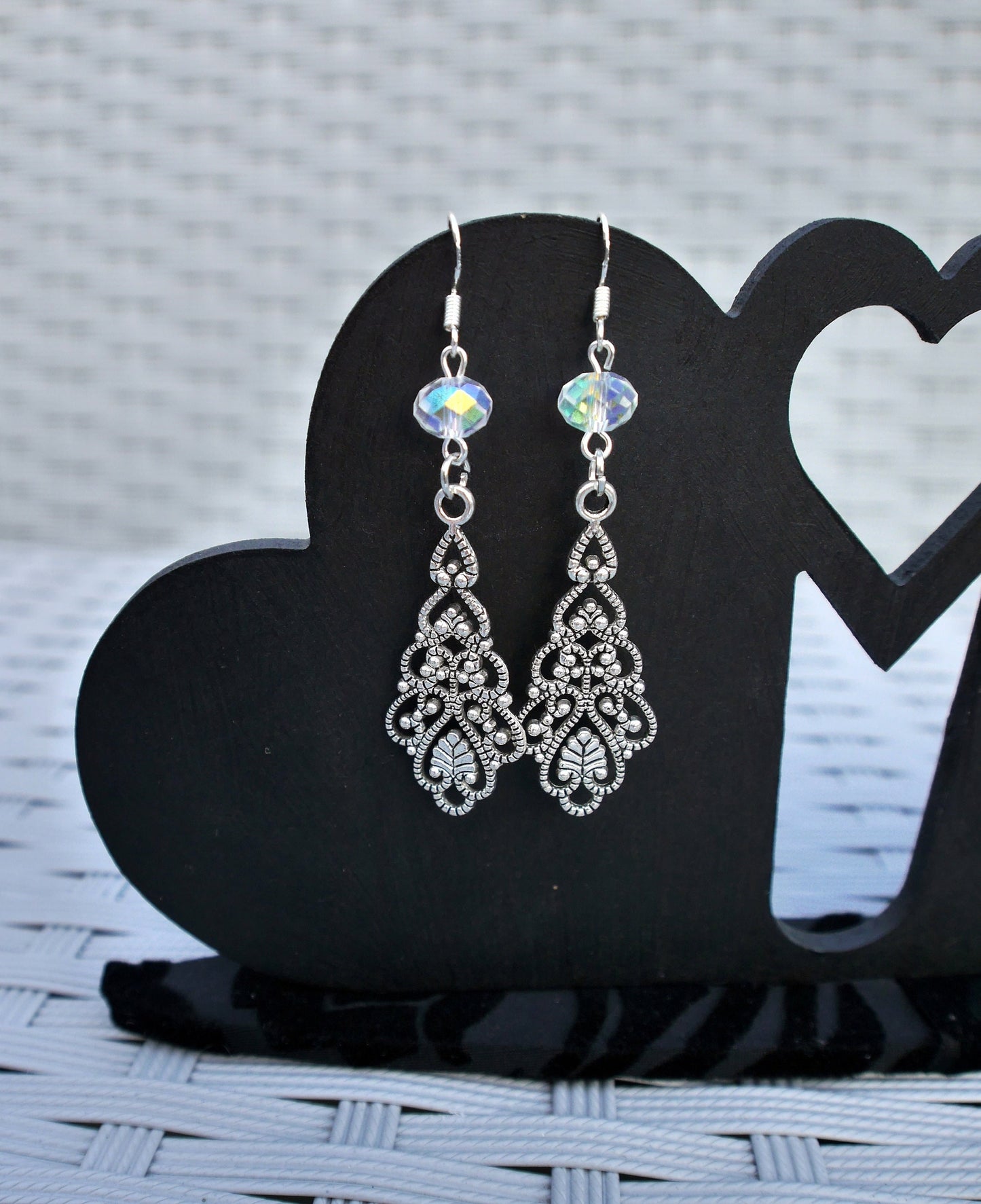 Silver Toned Filigree Dangle Earrings (Ear Hook, Stud and Clip On)