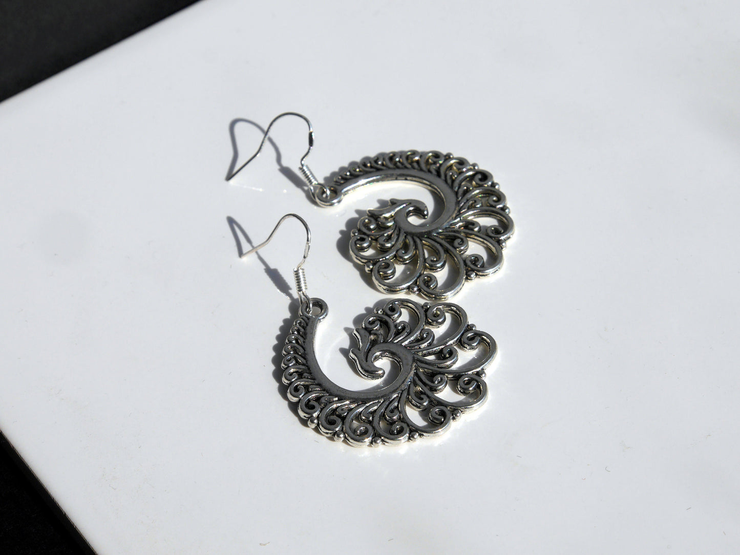 Silver Toned Swirling Filigree Statement Dangle Drop Earrings