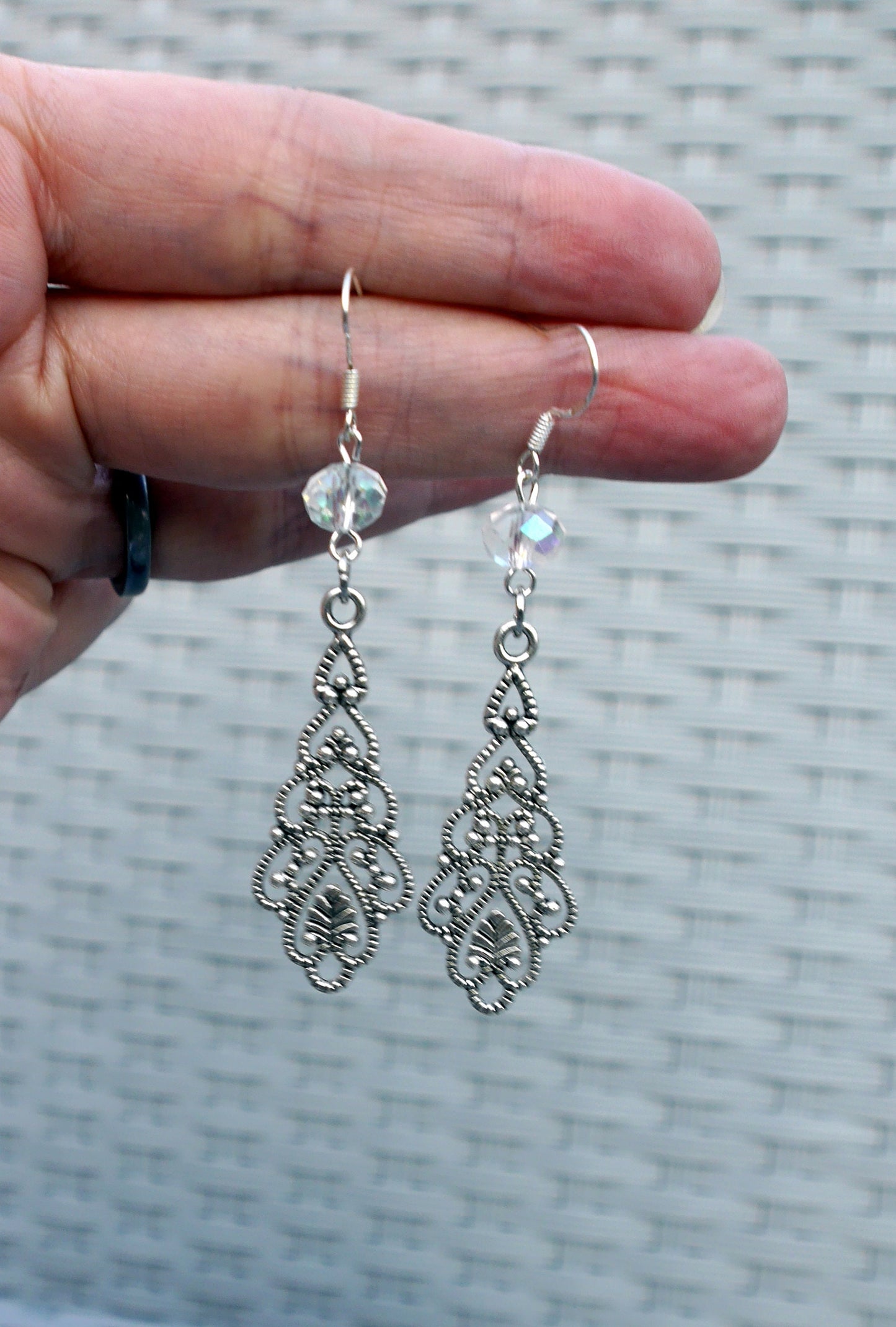 Silver Toned Filigree Dangle Earrings (Ear Hook, Stud and Clip On)