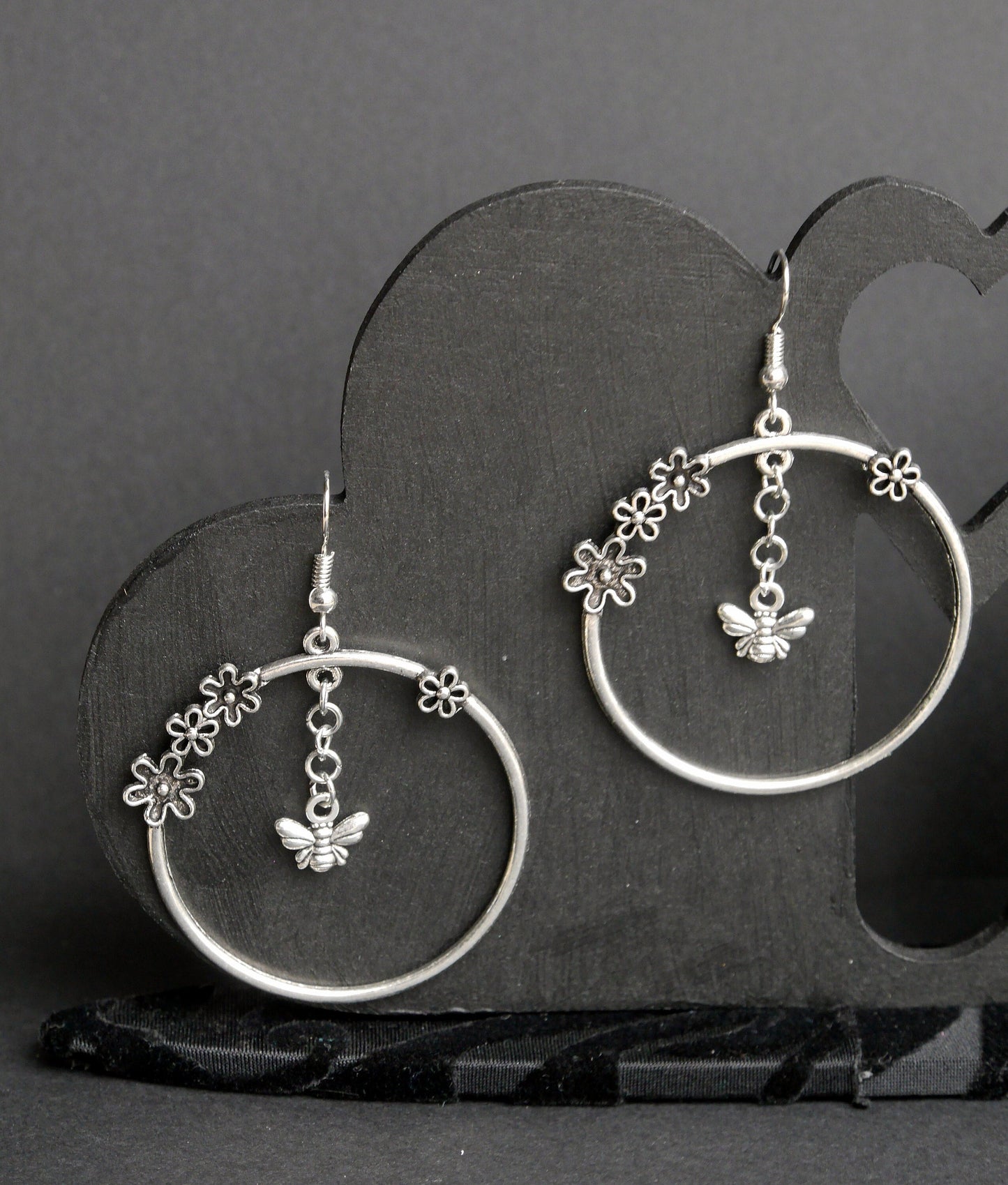 Silver Honeybee and Hoop Flower Earrings (Ear Hook, Stud and Clip On)