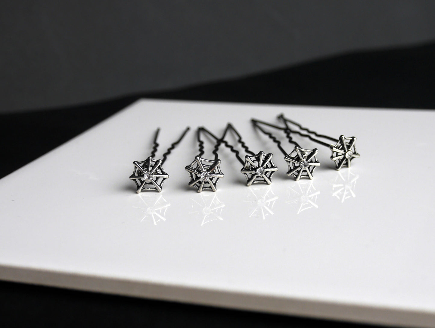 Mini Silver Spider and Web Shaped Rhinestone Hair Pins (Set of 5)
