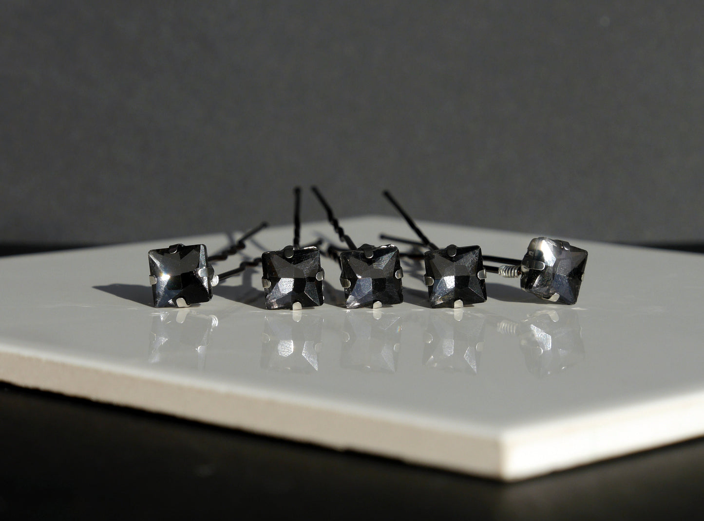 Square Shaped Black or Clear Diamante Hair Pins (Set of 5)