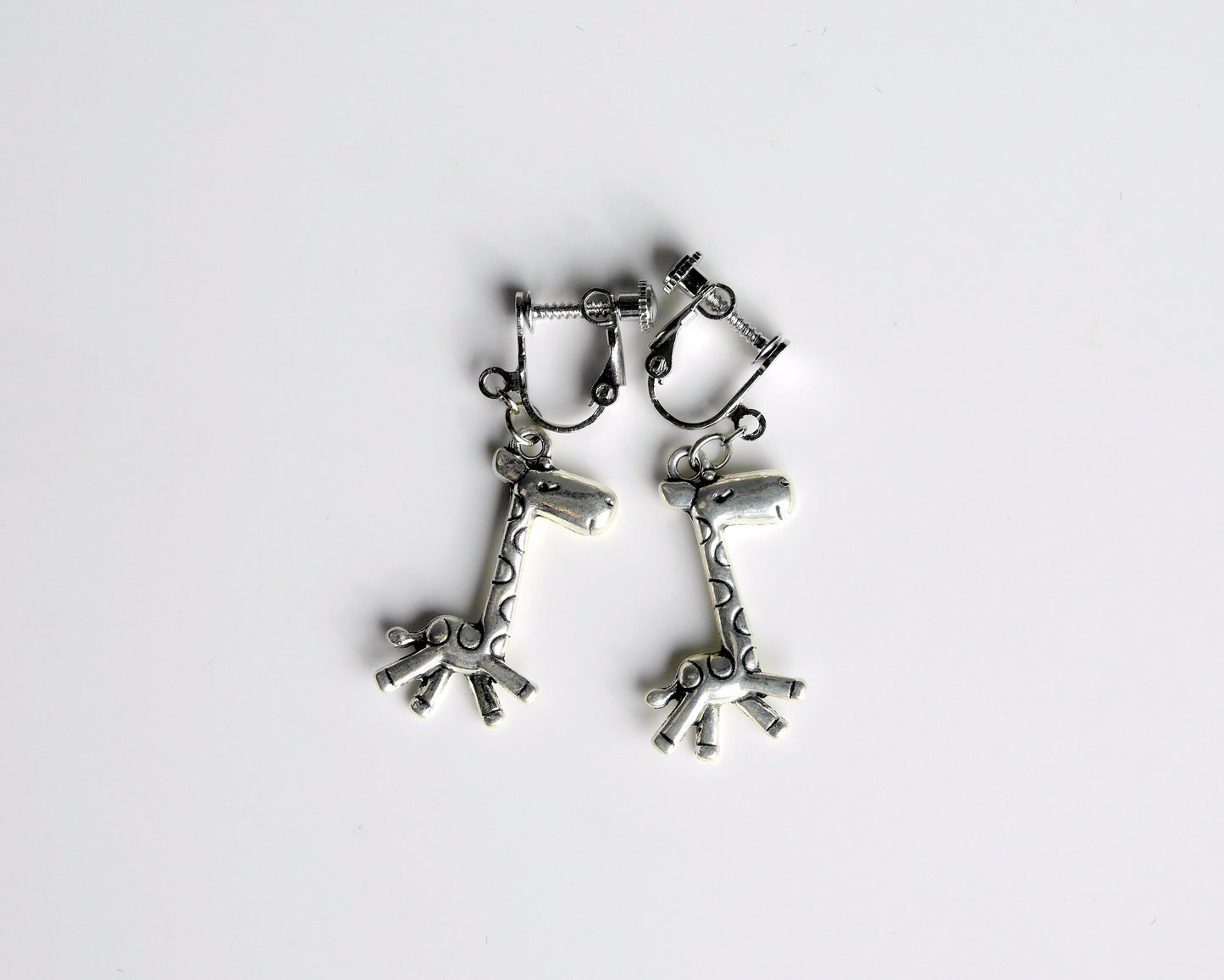 Giraffe Shaped Silver Toned Earrings (Ear Hook and Clip On)