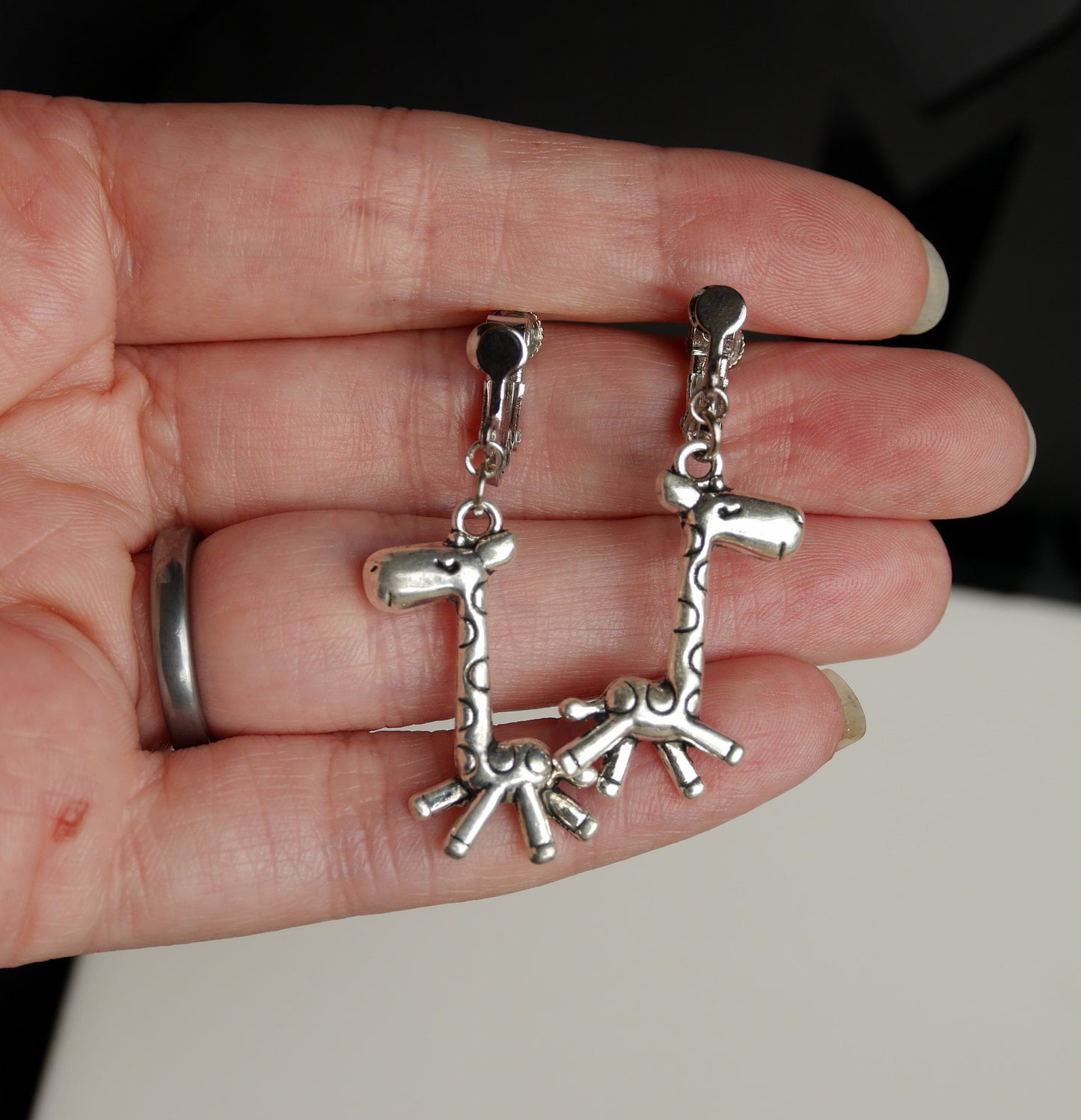 Giraffe Shaped Silver Toned Earrings (Ear Hook and Clip On)