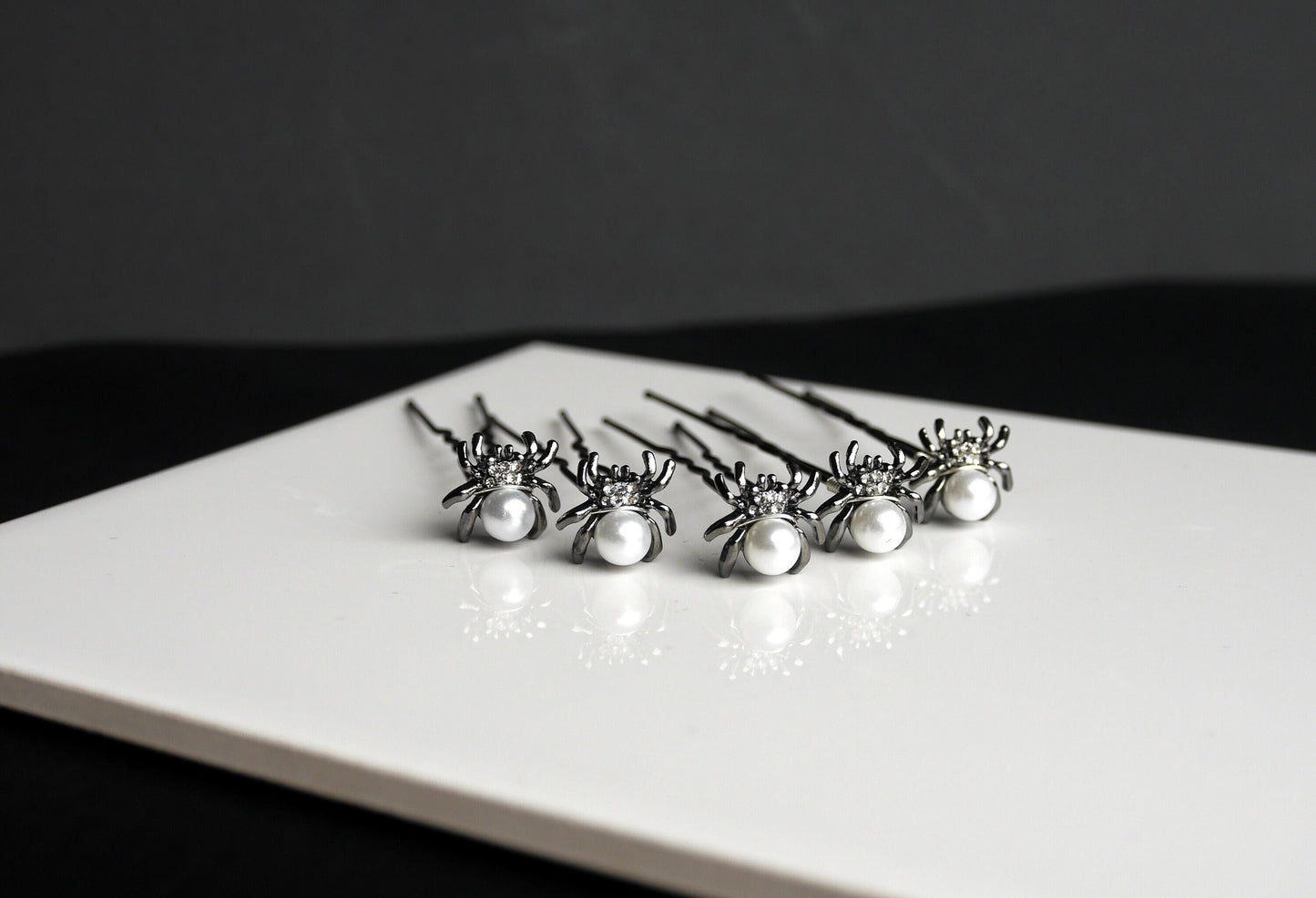 Beautiful Mini Silver Spider Hair Grips, Spider and Web Ballet Hair Pins, perfect for dancers, or even to add a touch of gothic glam to wedding or prom hair.