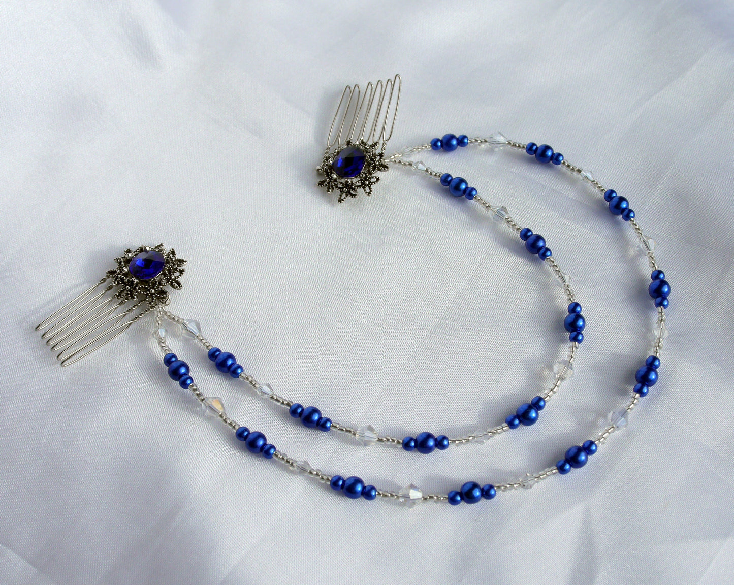 Blue Pearl and Rhinestone Prom Wedding Hair Chain Accessory