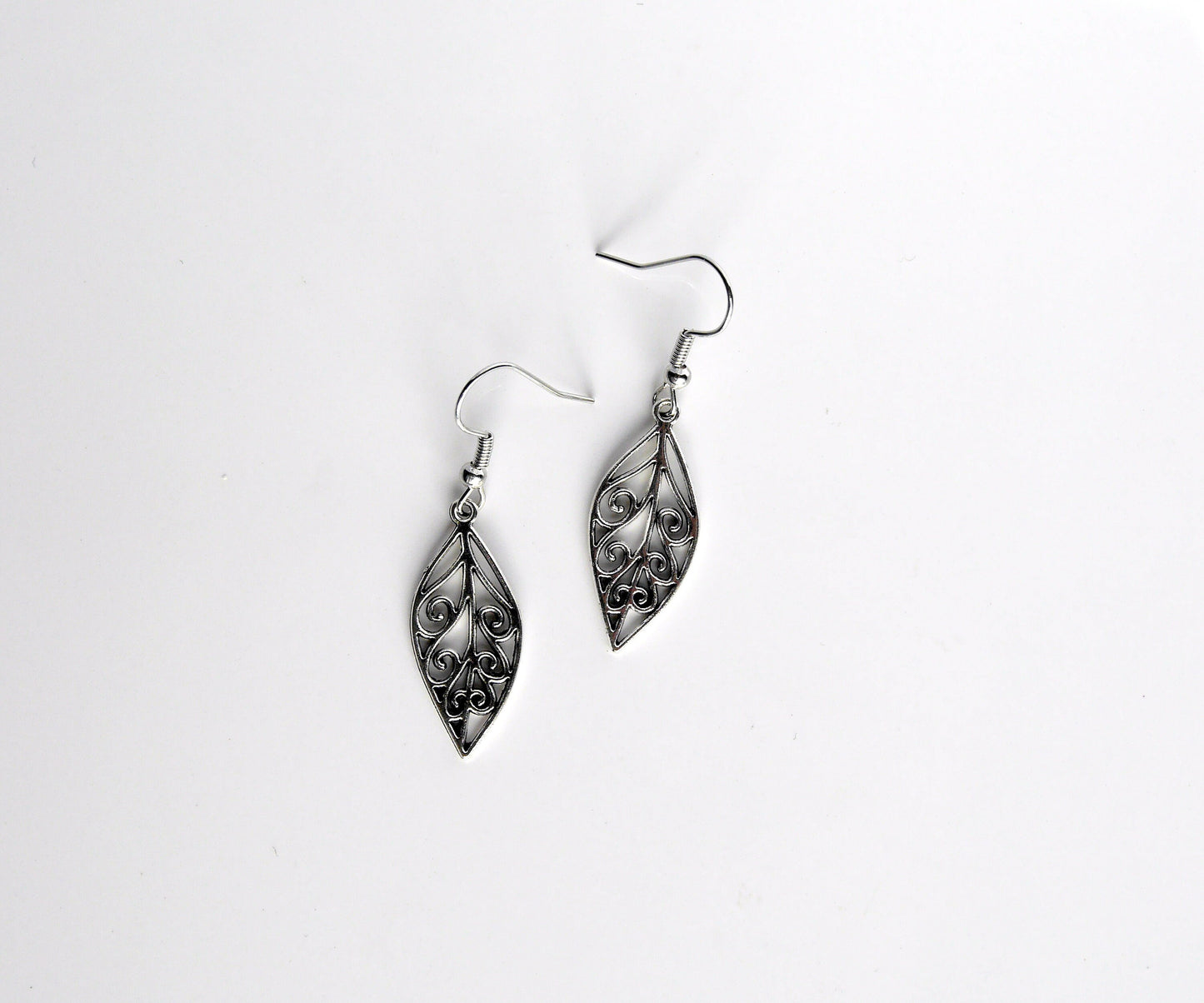 Silver Toned Small Leaf Filigree Earrings (Ear Hook, Stud and Clip On)