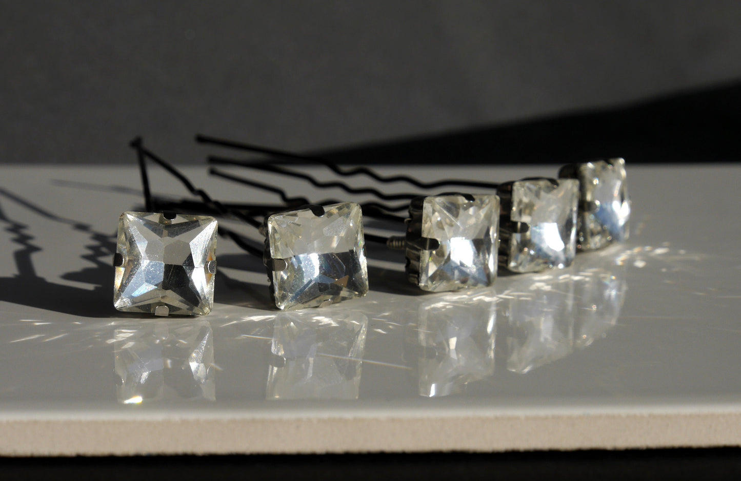 Square Shaped Black or Clear Diamante Hair Pins (Set of 5)