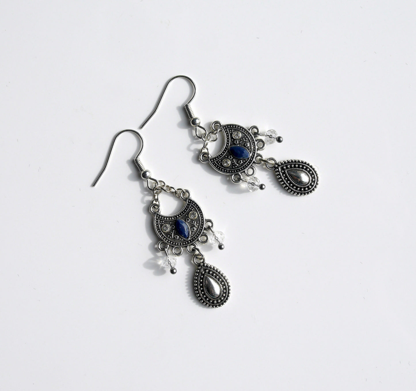 Silver and Blue Filigree Dangling Earrings (Ear Hook, Stud or Clip On)