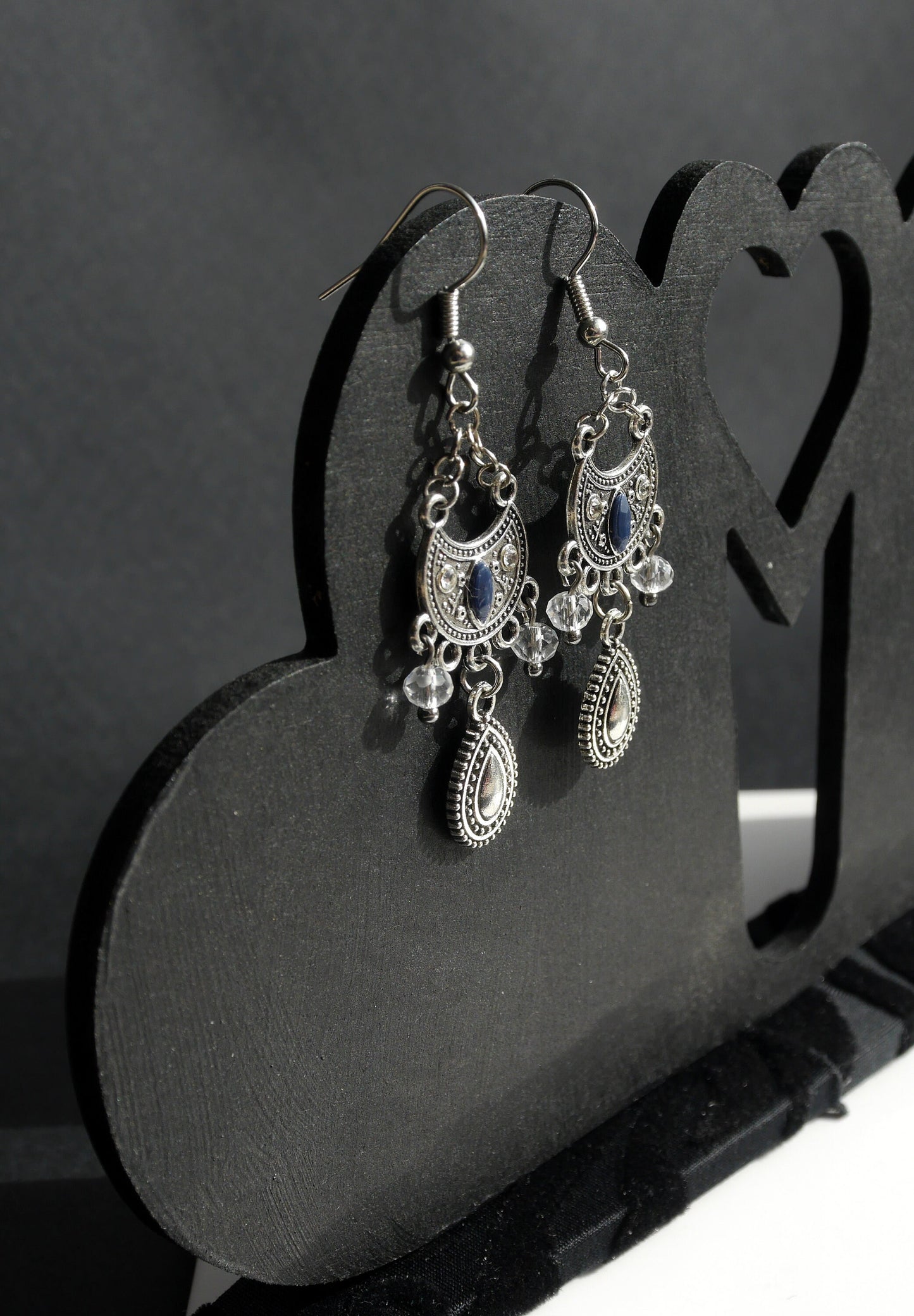 Silver and Blue Filigree Dangling Earrings (Ear Hook, Stud or Clip On)