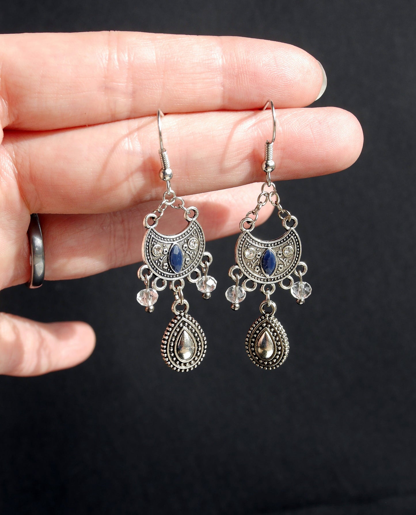 Silver and Blue Filigree Dangling Earrings (Ear Hook, Stud or Clip On)