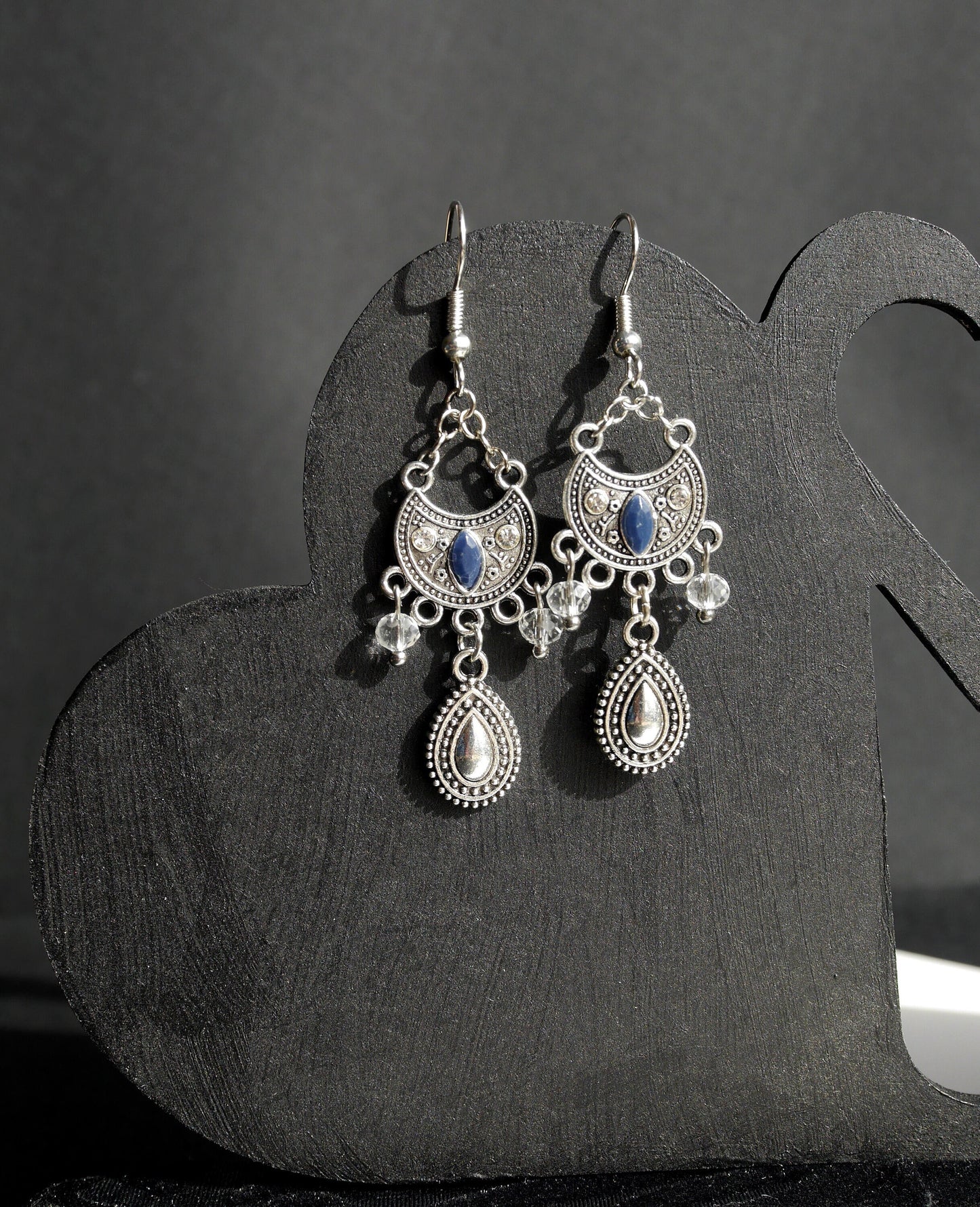 Silver and Blue Filigree Dangling Earrings (Ear Hook, Stud or Clip On)
