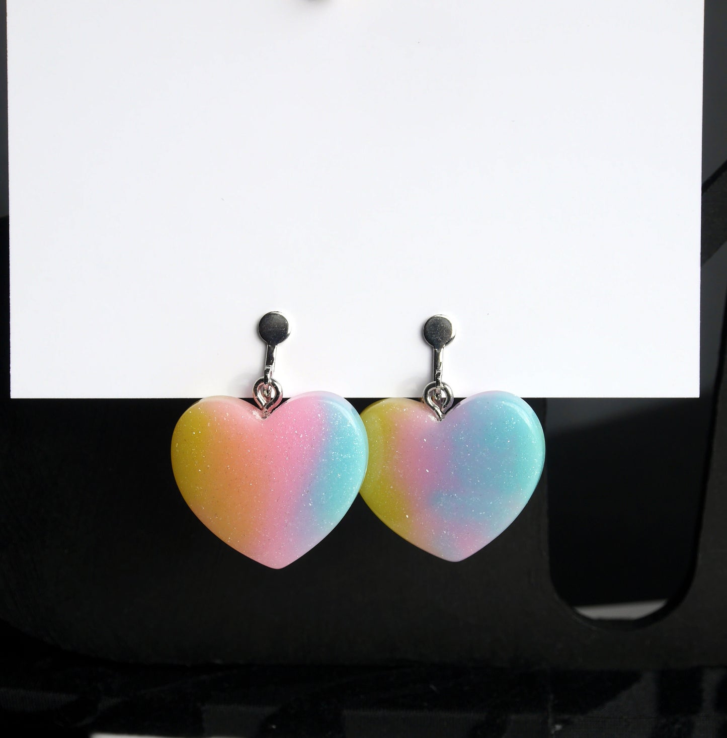 Pastel Kidcore Rainbow Heart Shaped Glitter Earrings (Ear Hook, Stud or Clip On)