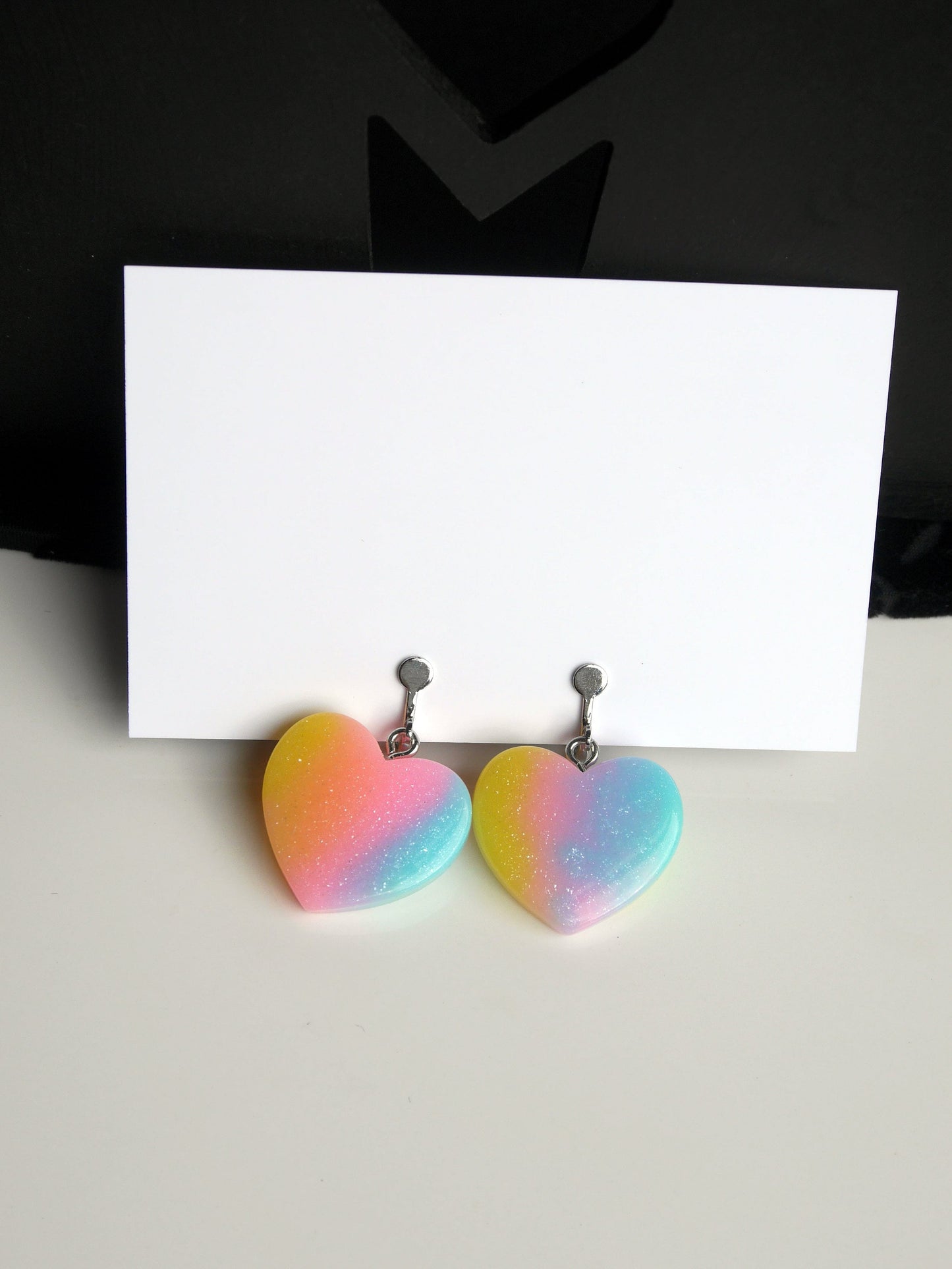 Pastel Kidcore Rainbow Heart Shaped Glitter Earrings (Ear Hook, Stud or Clip On)