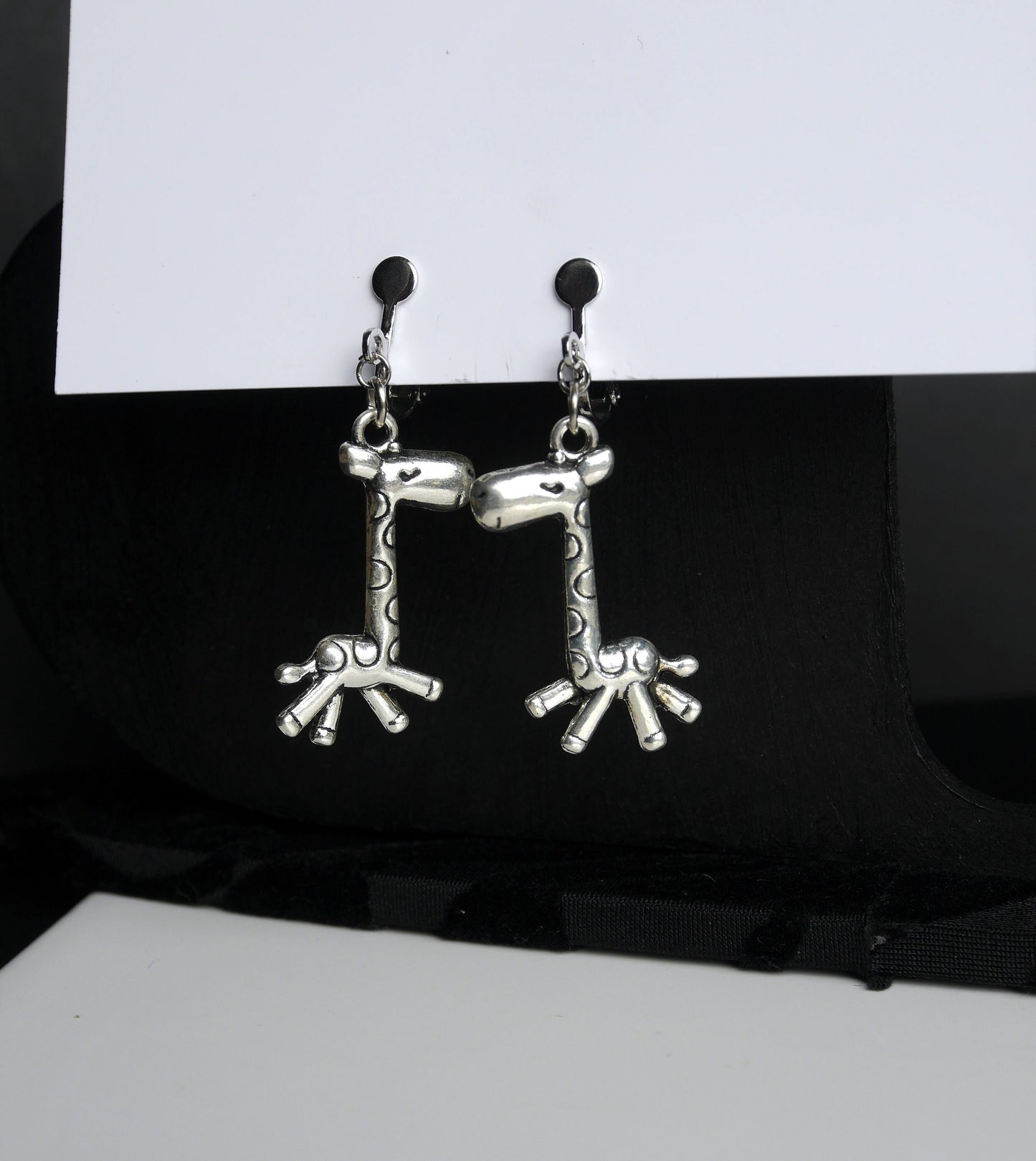 Giraffe Shaped Silver Toned Earrings (Ear Hook and Clip On)