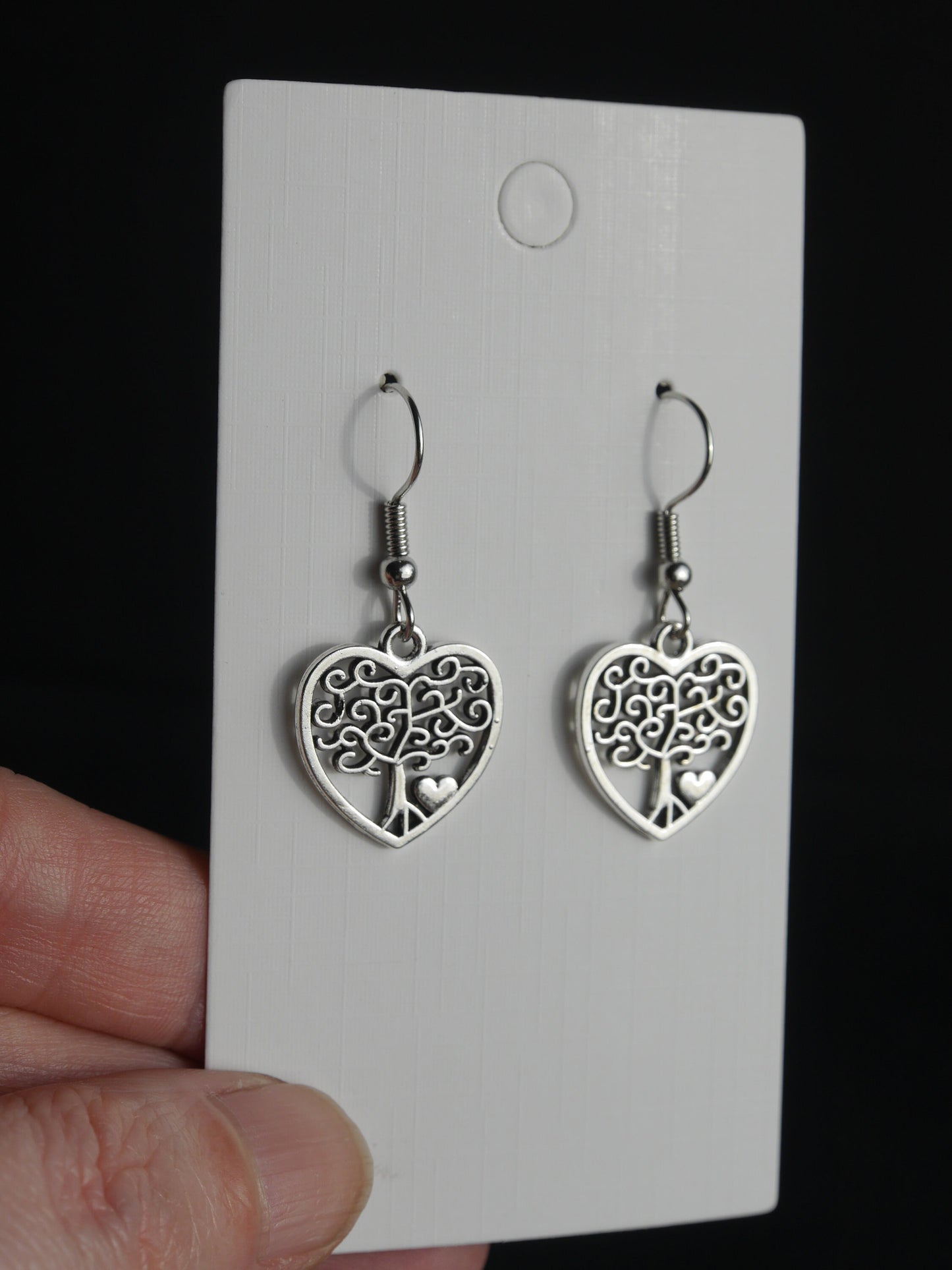 Silver Toned Tree of Life Shape Filigree Heart Earrings (Ear Hook, Stud or Clip On)