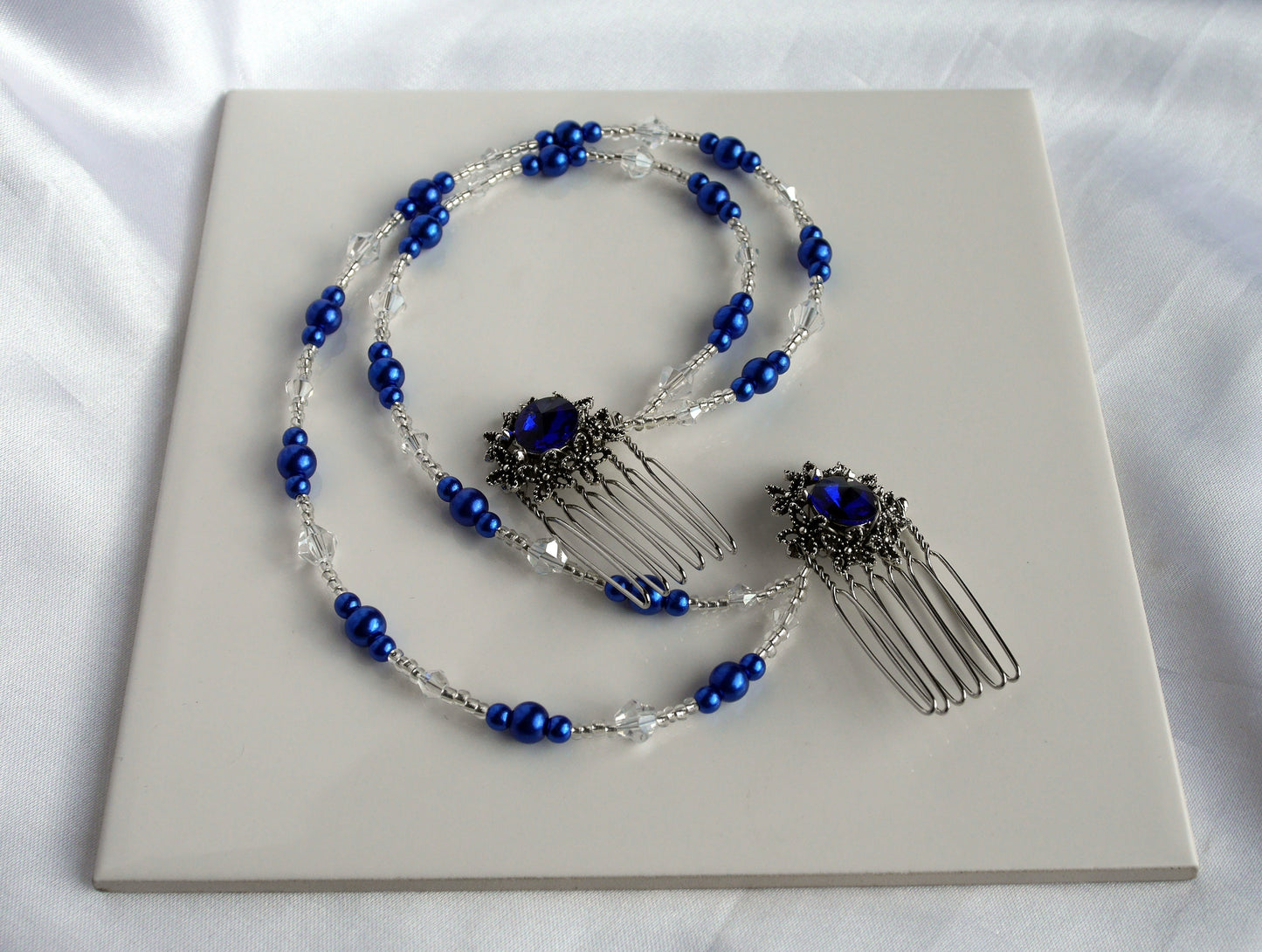 Blue Pearl and Rhinestone Prom Wedding Hair Chain Accessory