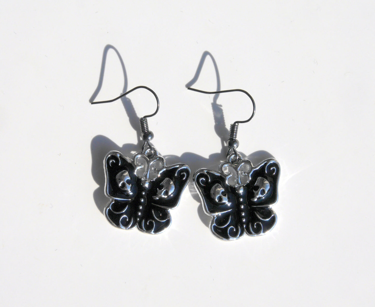 Gothic Black Butterfly and Silver Skull Earrings (Ear Hook, Stud or Clip On)