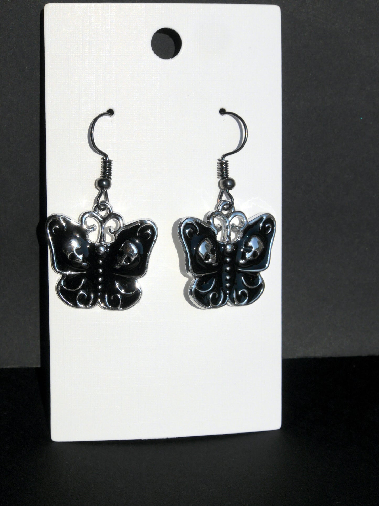 Gothic Black Butterfly and Silver Skull Earrings (Ear Hook, Stud or Clip On)