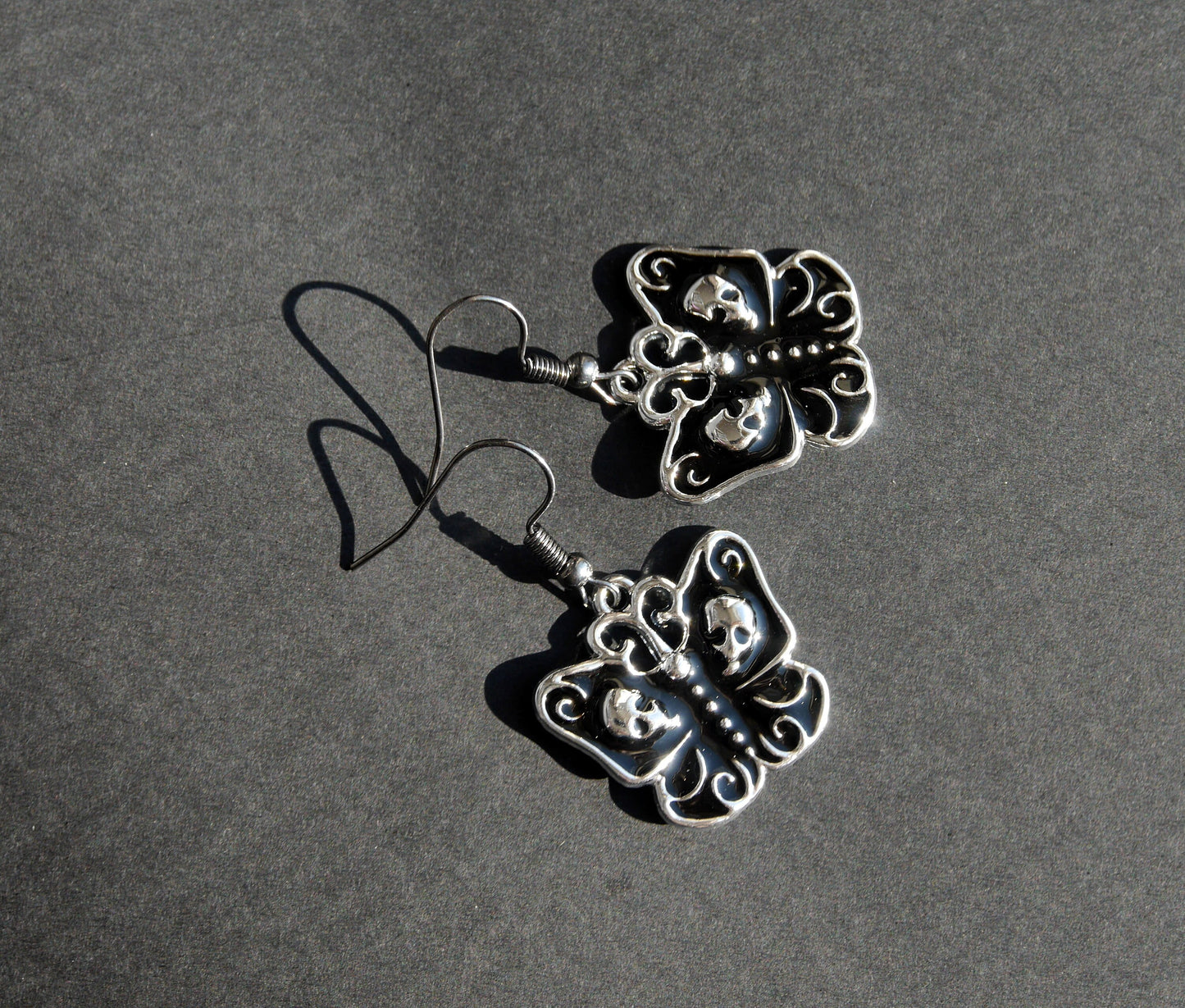 Gothic Black Butterfly and Silver Skull Earrings (Ear Hook, Stud or Clip On)