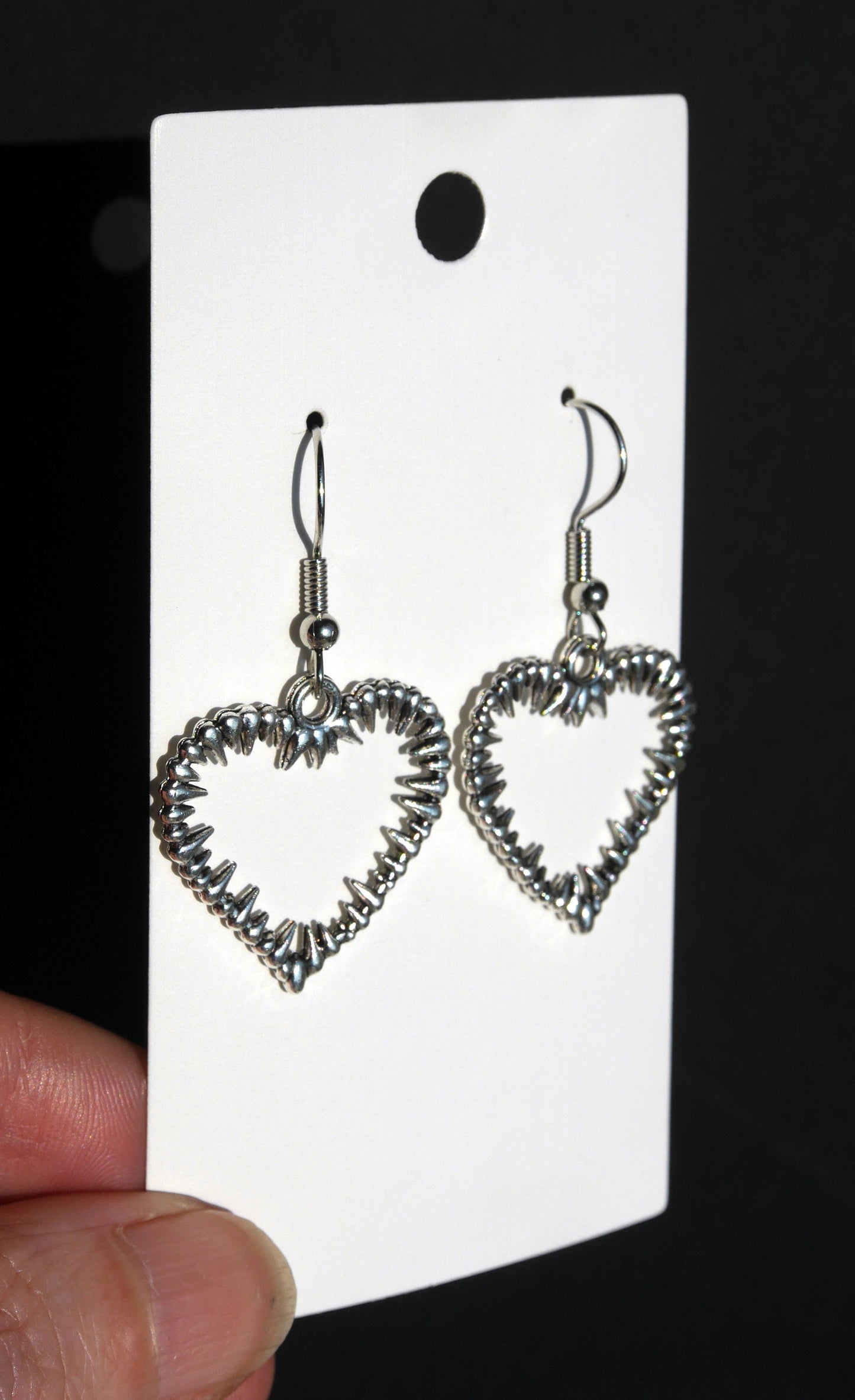 Silver Tone Spiky Heart Shaped Earrings (Ear Hook, Stud and Clip On)