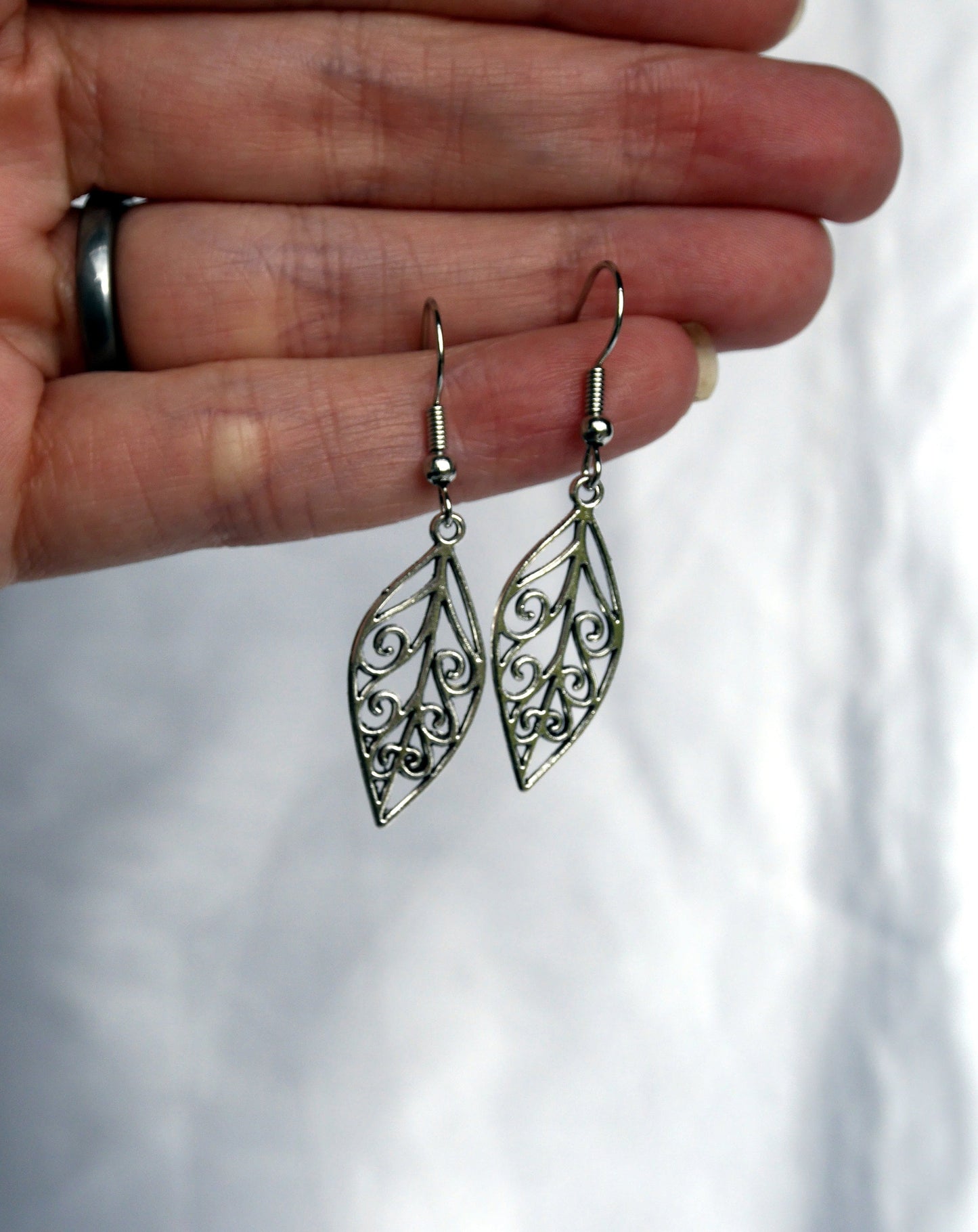 Silver Toned Small Leaf Filigree Earrings (Ear Hook, Stud and Clip On)