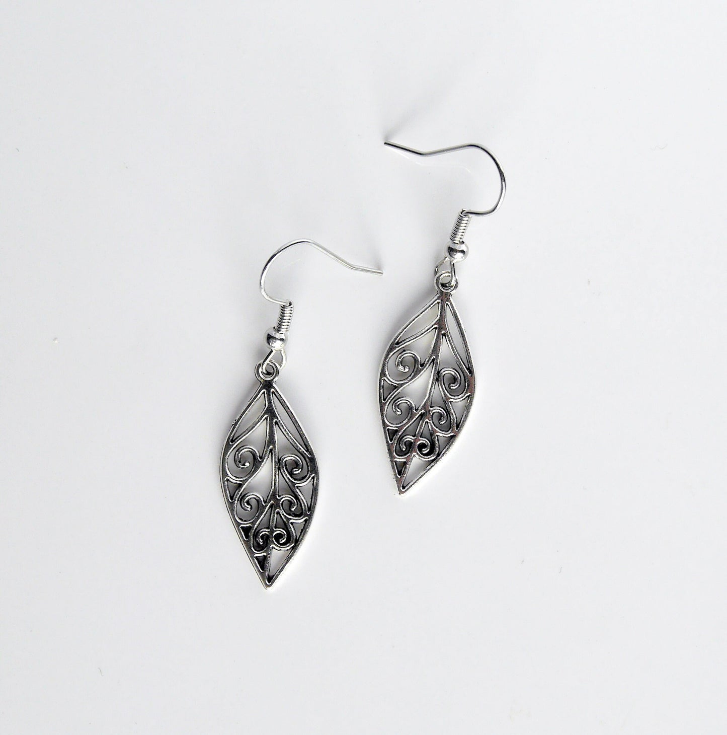 Silver Toned Small Leaf Filigree Earrings (Ear Hook, Stud and Clip On)