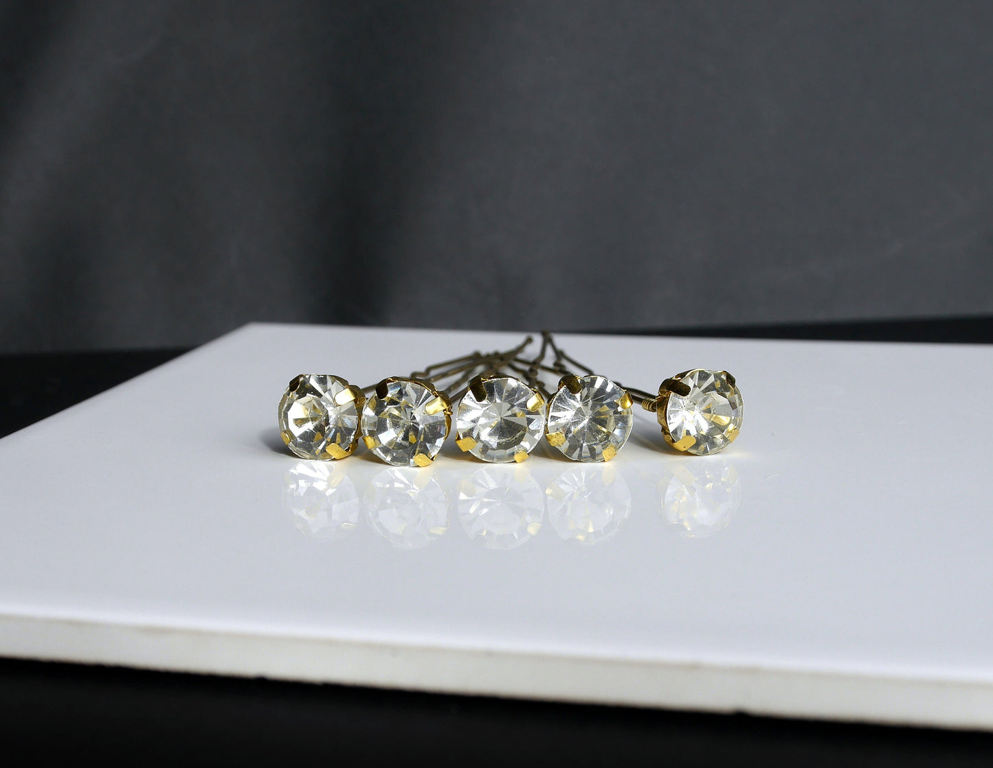 A set of 5 hand made wedding / ballet dance hair pins with Clear Diamante circular glass rhinestone (10 mm - large or 8 mm - small).