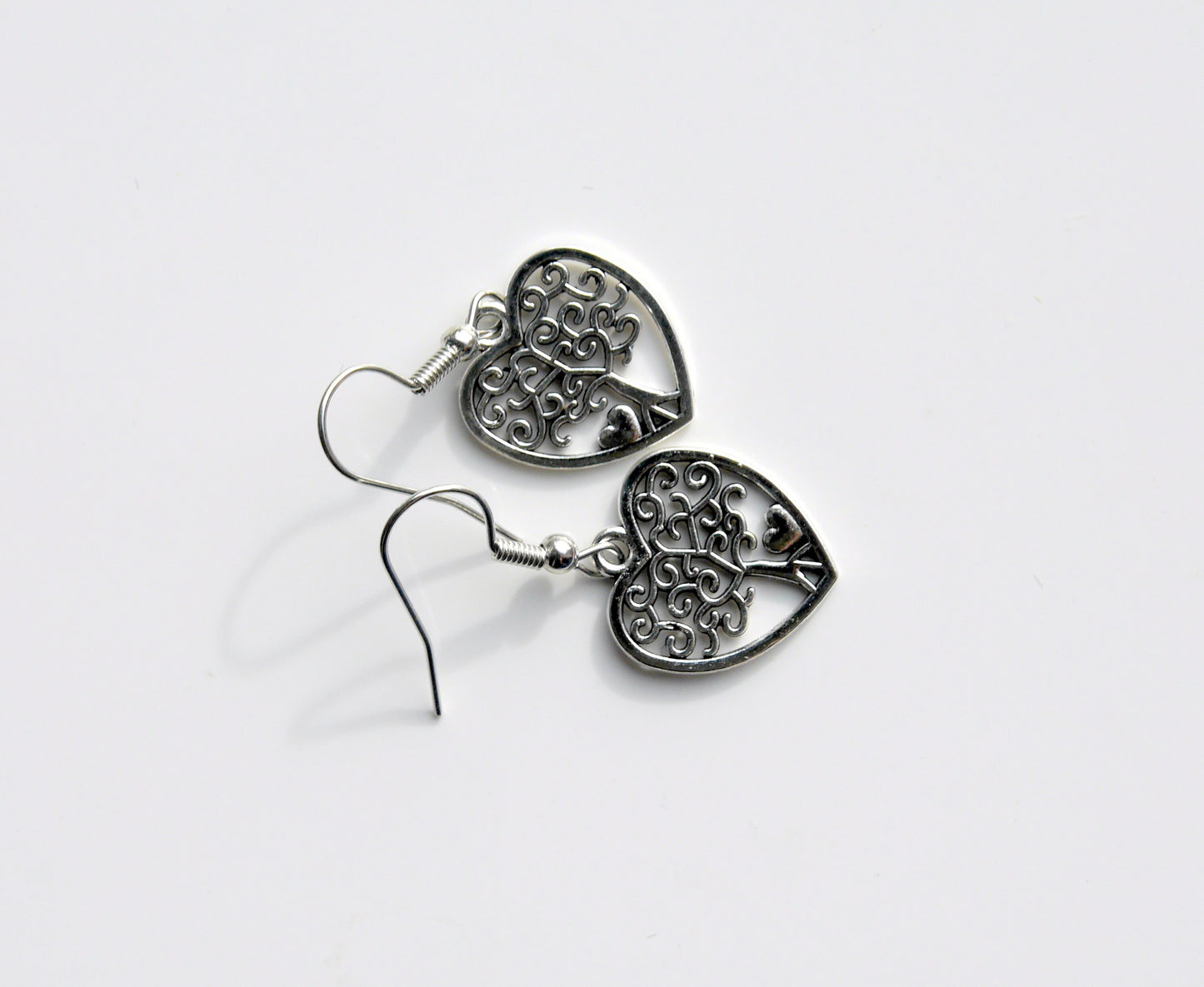Silver Toned Tree of Life Shape Filigree Heart Earrings (Ear Hook, Stud or Clip On)