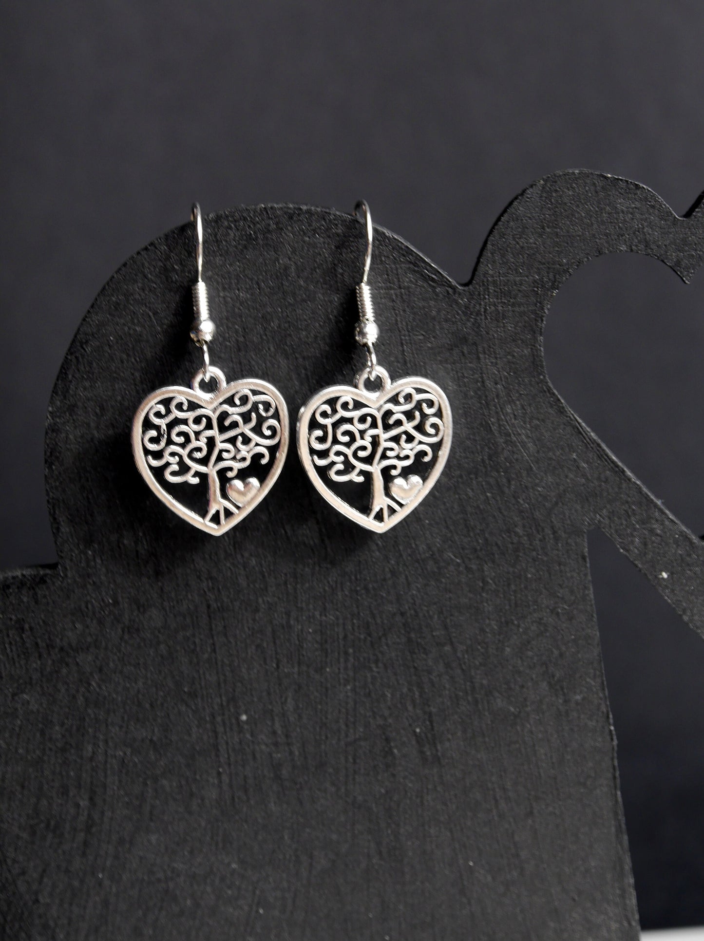 Silver Toned Tree of Life Shape Filigree Heart Earrings (Ear Hook, Stud or Clip On)