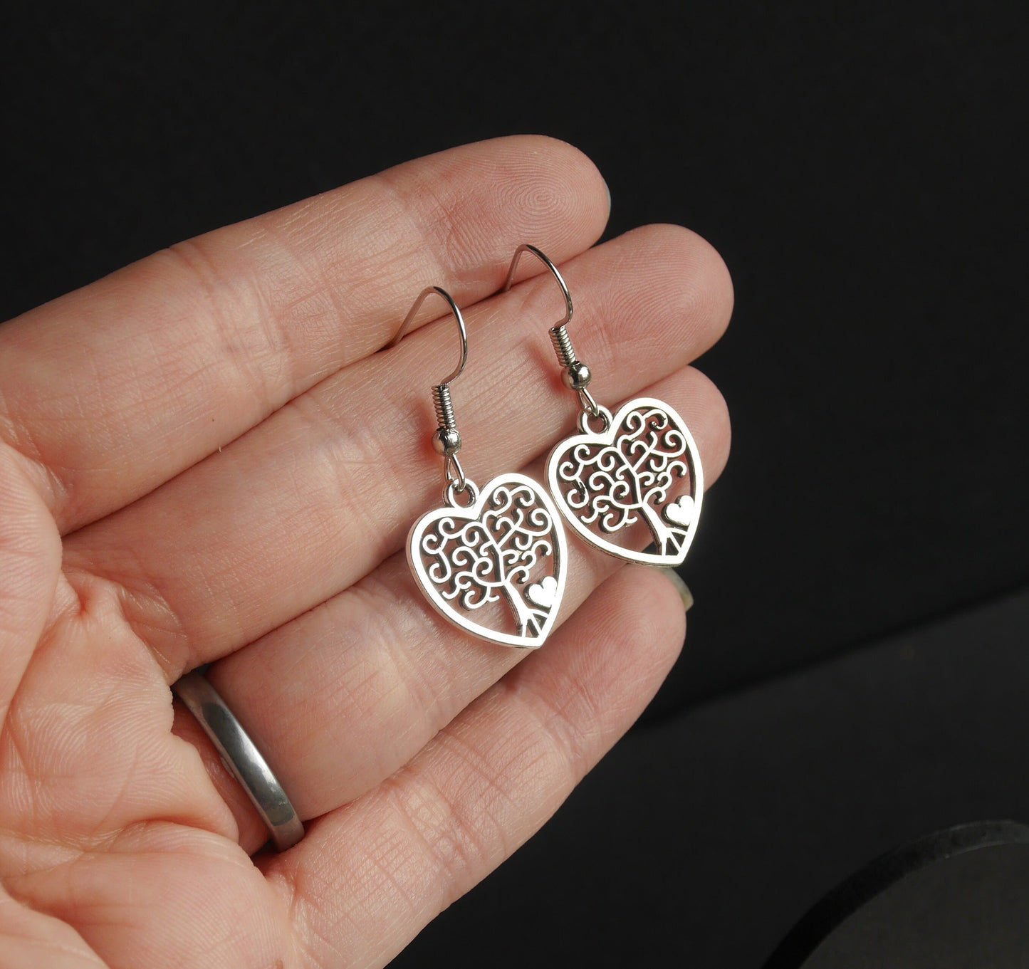 Silver Toned Tree of Life Shape Filigree Heart Earrings (Ear Hook, Stud or Clip On)