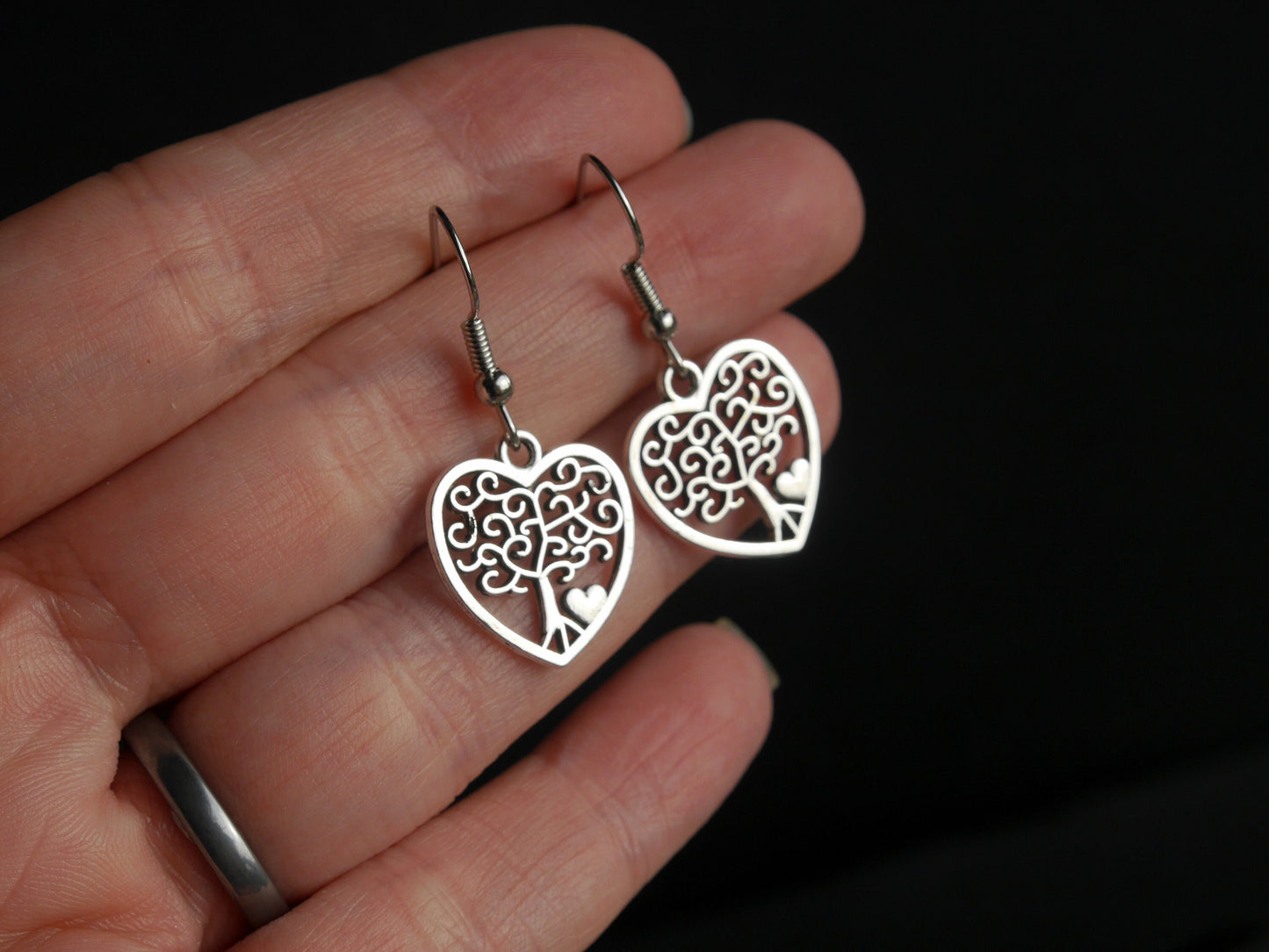 Silver Toned Tree of Life Shape Filigree Heart Earrings (Ear Hook, Stud or Clip On)