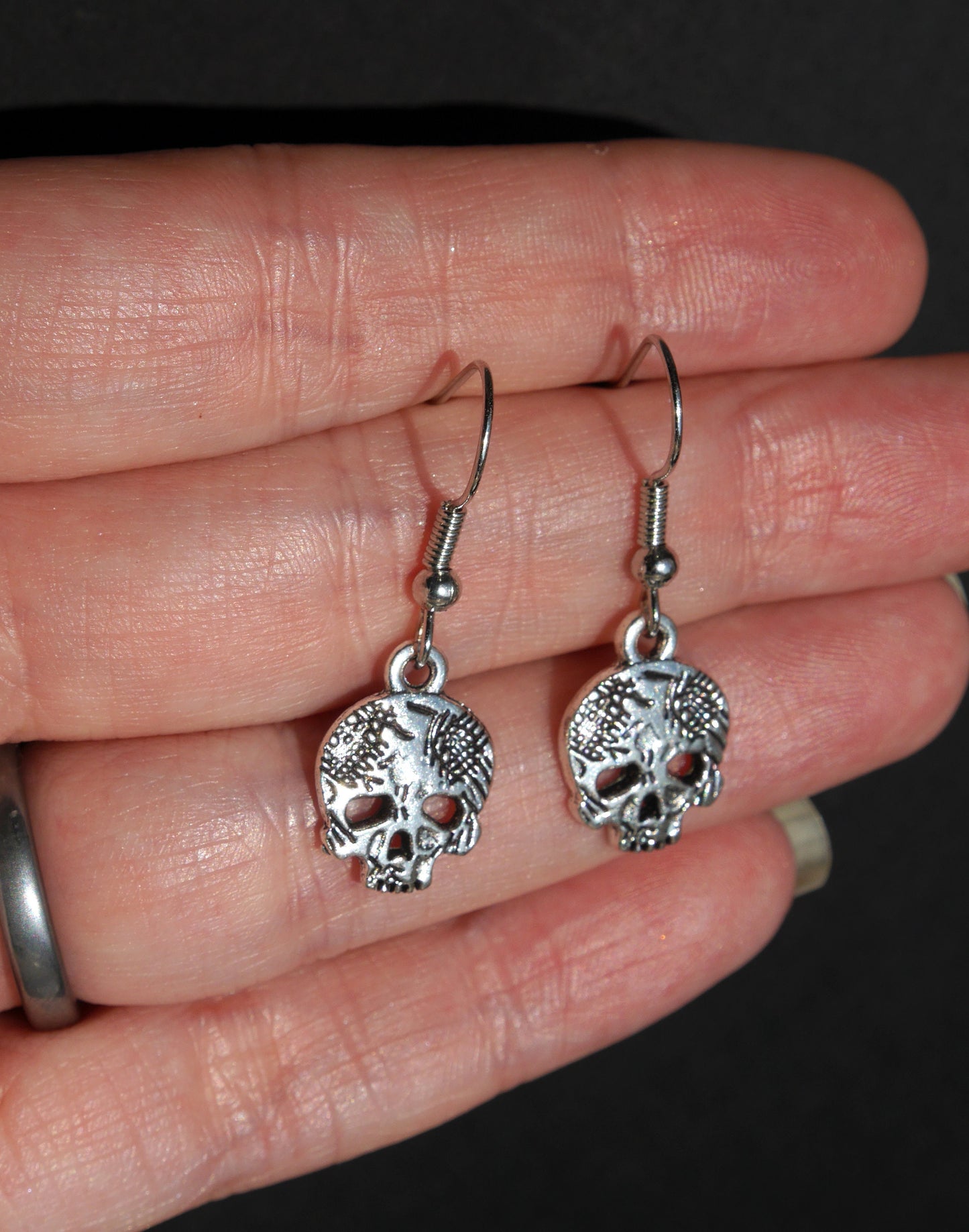 Small Silver Skull Head Gothic Earrings (Ear Hook, Stud and Clip On)