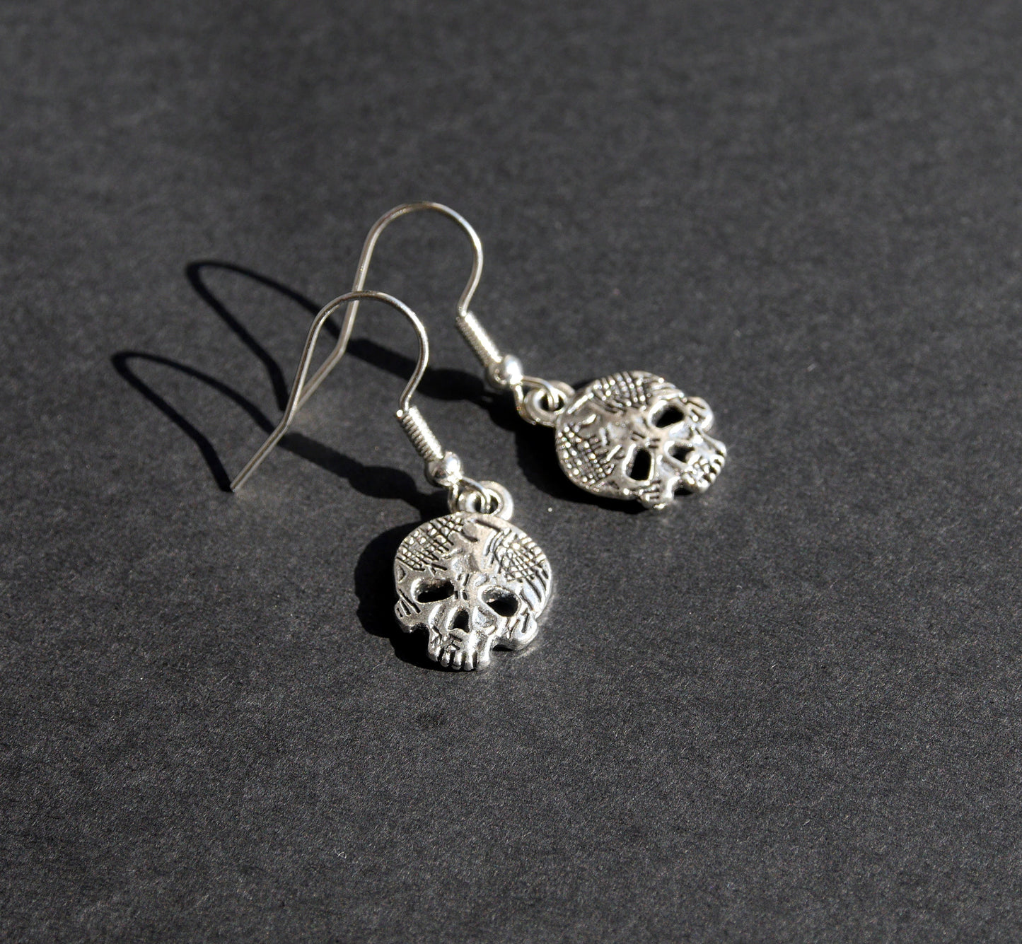 Small Silver Skull Head Gothic Earrings (Ear Hook, Stud and Clip On)