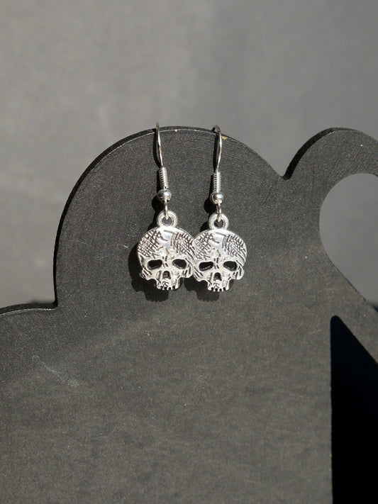 Small Silver Skull Head Earrings, Metal Skull Earrings, Gothic Skull Halloween Earrings, Silver Skeleton Earrings, Non Pierced Ears, Clip On