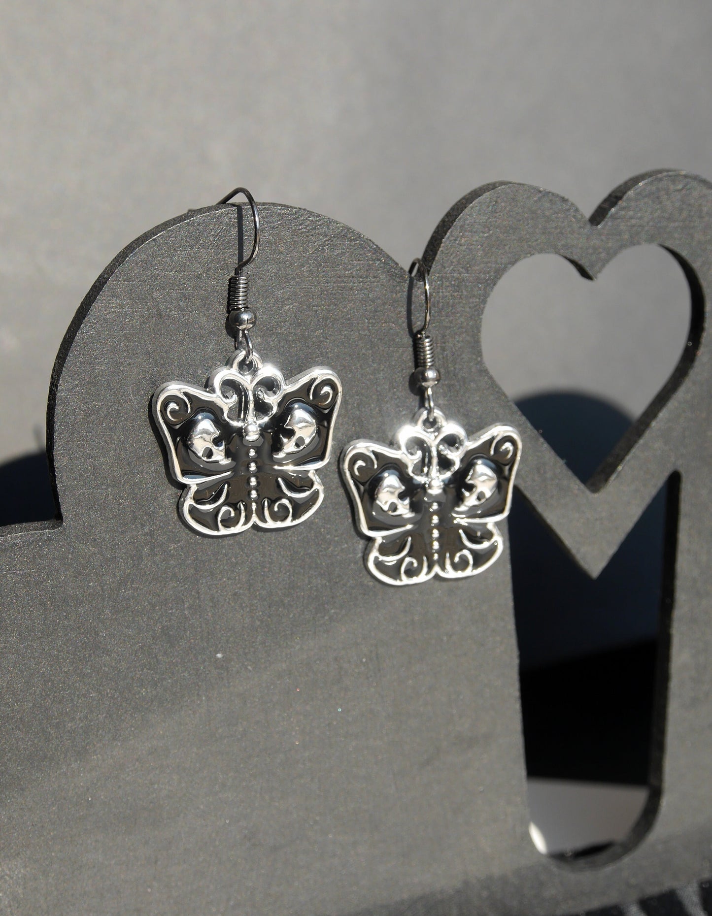 Gothic Black Butterfly and Silver Skull Earrings (Ear Hook, Stud or Clip On)
