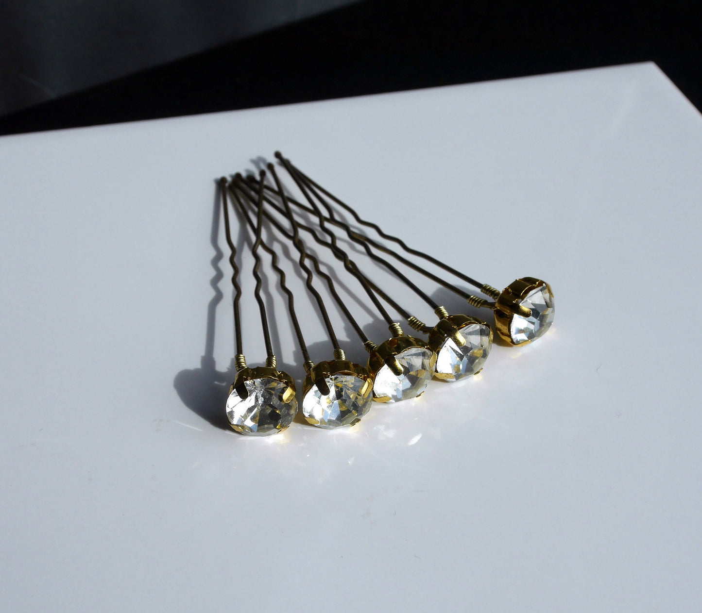 A set of 5 hand made wedding / ballet dance hair pins with Clear Diamante circular glass rhinestone (10 mm - large or 8 mm - small).