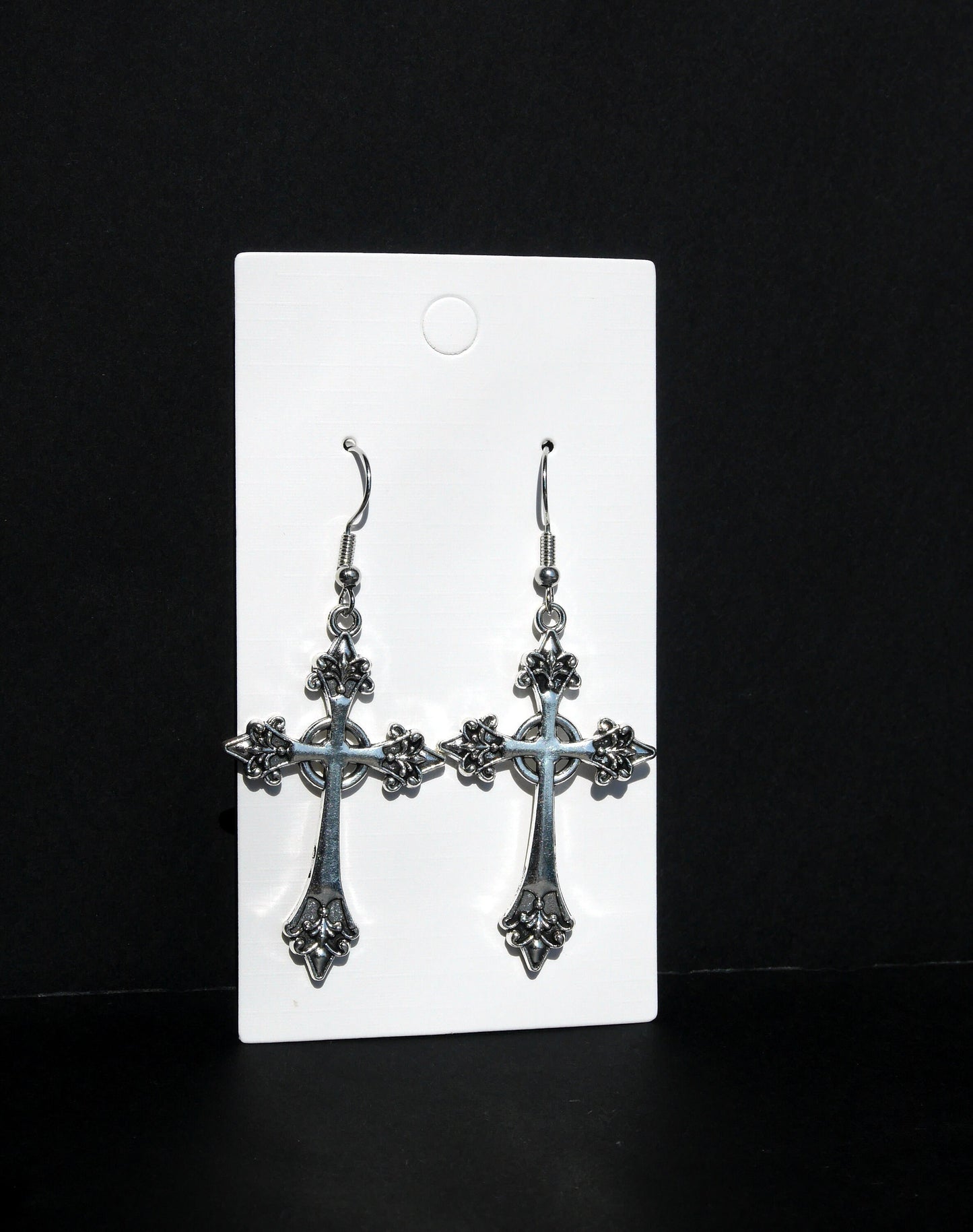 Gothic Antique Silver Tone Christian Cross Earrings (Ear Hook, Stud or Clip On)