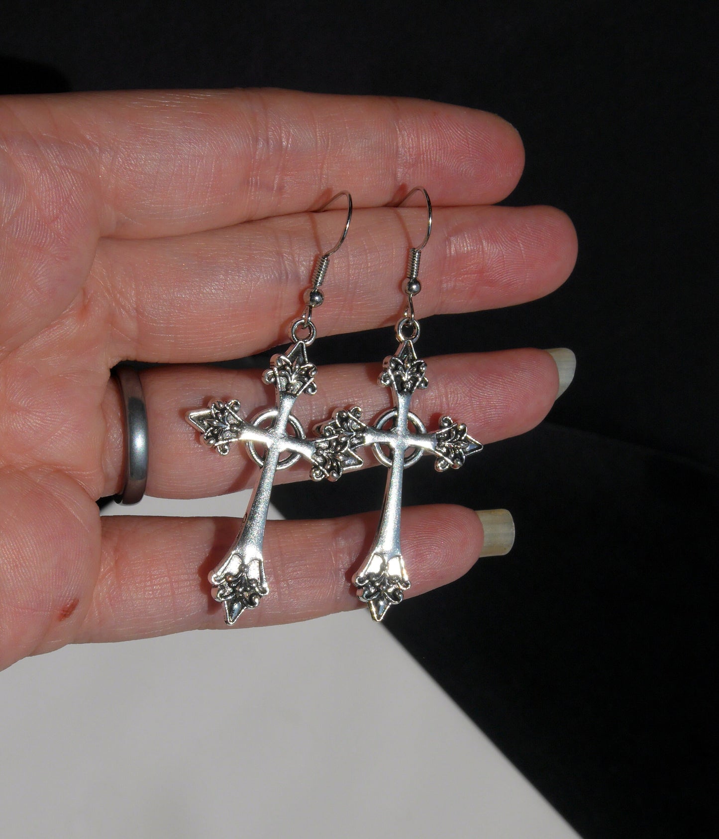 Gothic Antique Silver Tone Christian Cross Earrings (Ear Hook, Stud or Clip On)