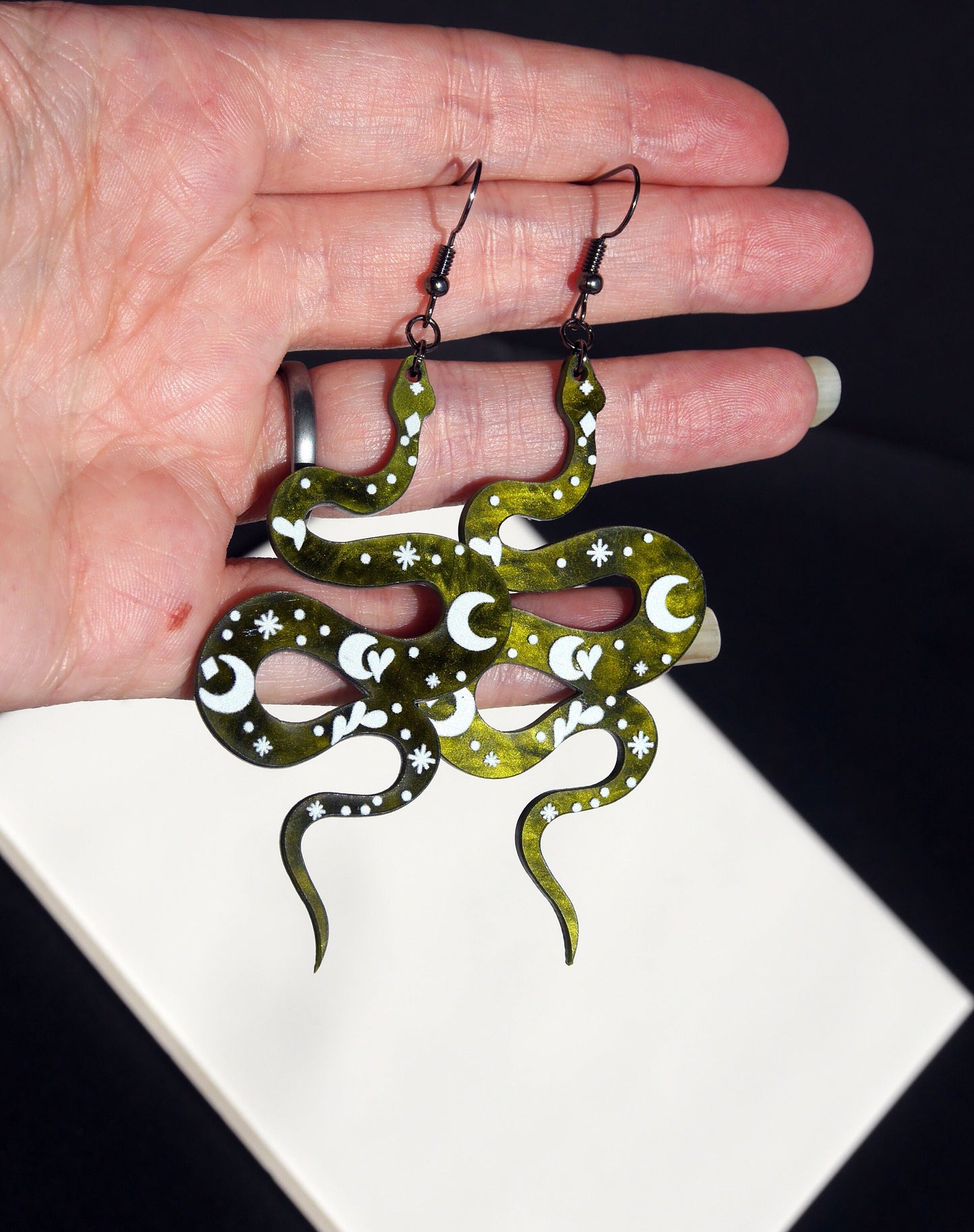 Large Green Serpent Snake Shaped Earrings (Ear Hook, Stud or Clip On)