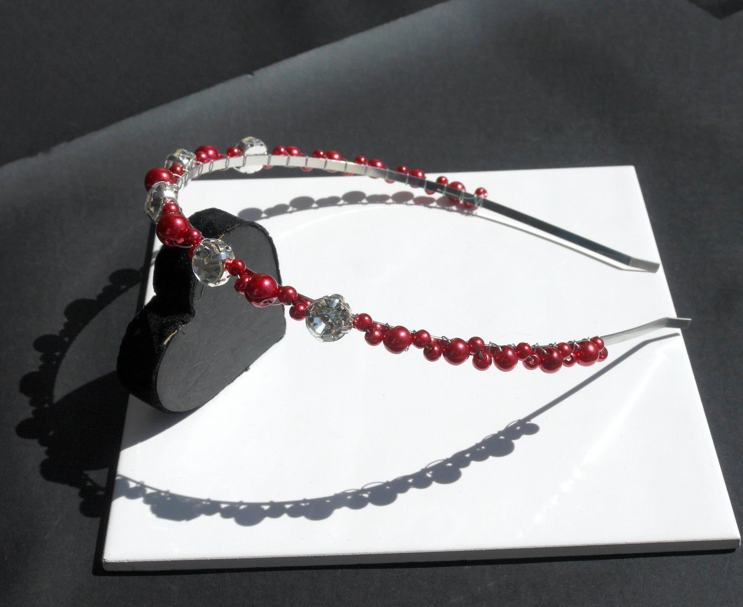 Thin Red Pearl and Diamante Tiara Hair Accessory