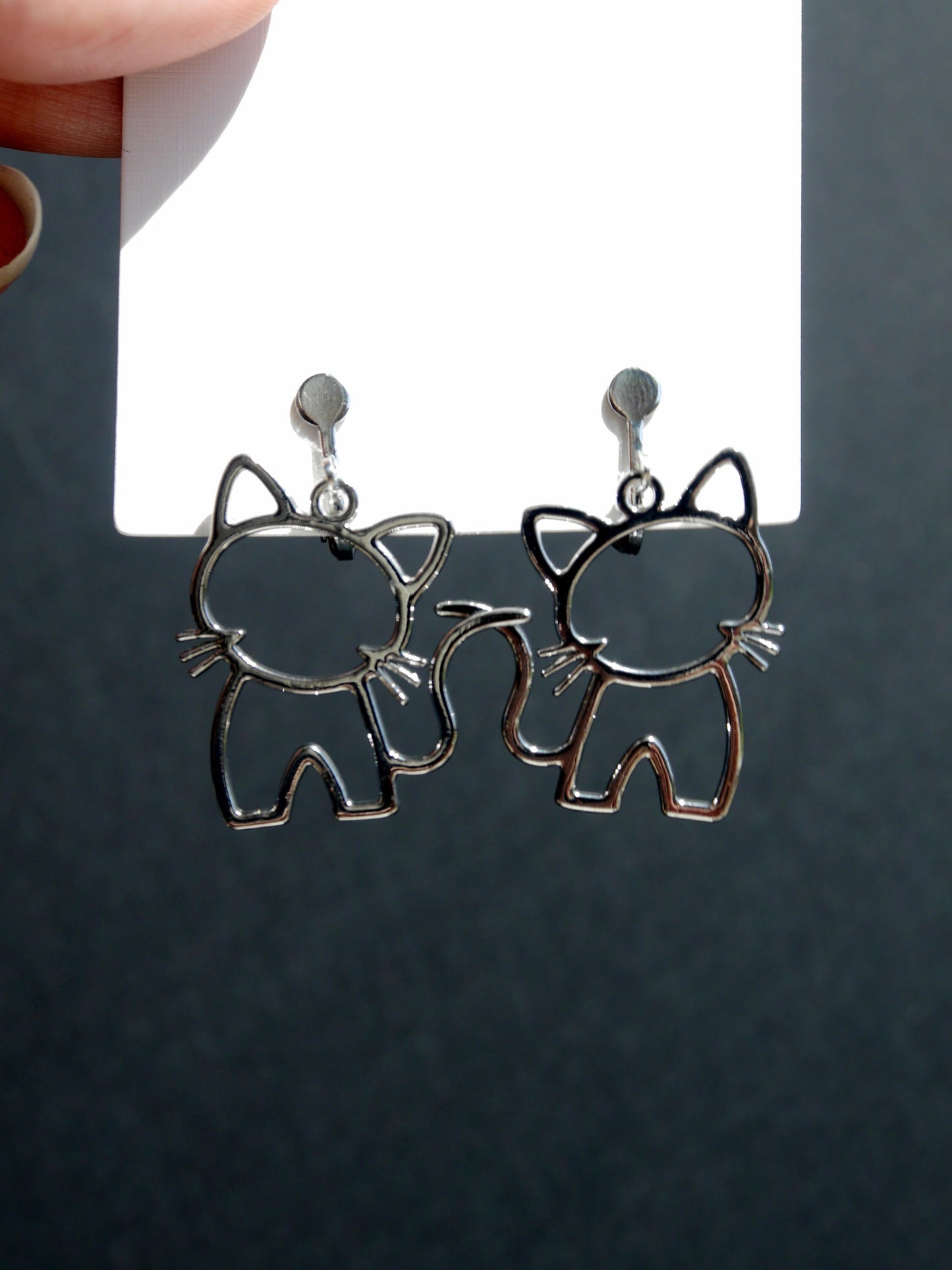 Pussy Cat Outline Shaped Silver Tone Earrings (Ear Hook, Studs or Clip On)
