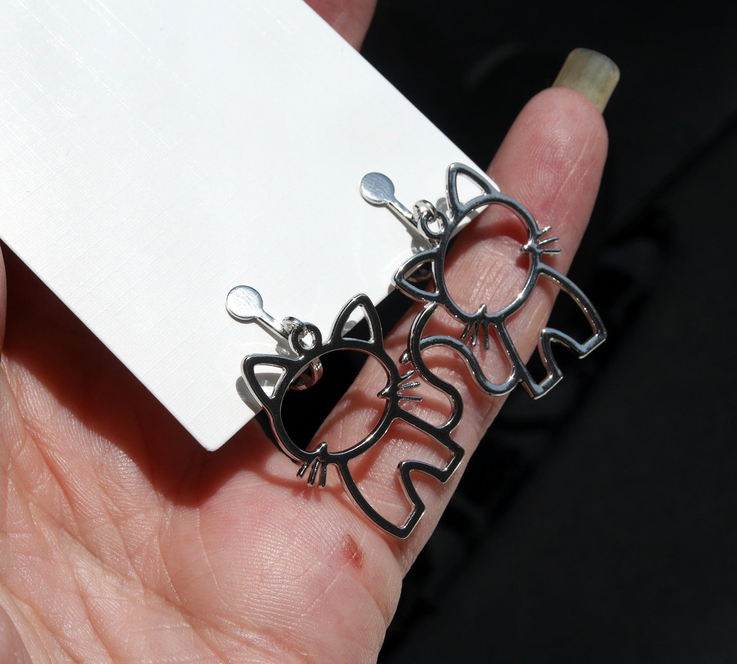 Pussy Cat Outline Shaped Silver Tone Earrings (Ear Hook, Studs or Clip On)