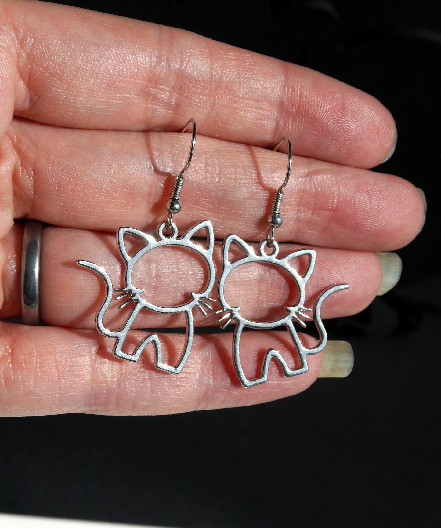 Pussy Cat Outline Shaped Silver Tone Earrings (Ear Hook, Studs or Clip On)