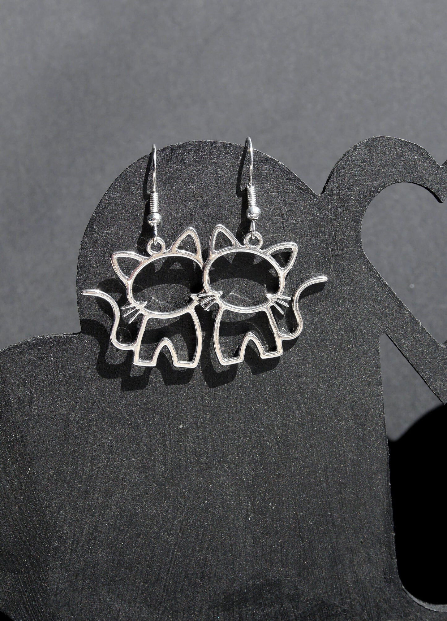 Pussy Cat Outline Shaped Silver Tone Earrings (Ear Hook, Studs or Clip On)